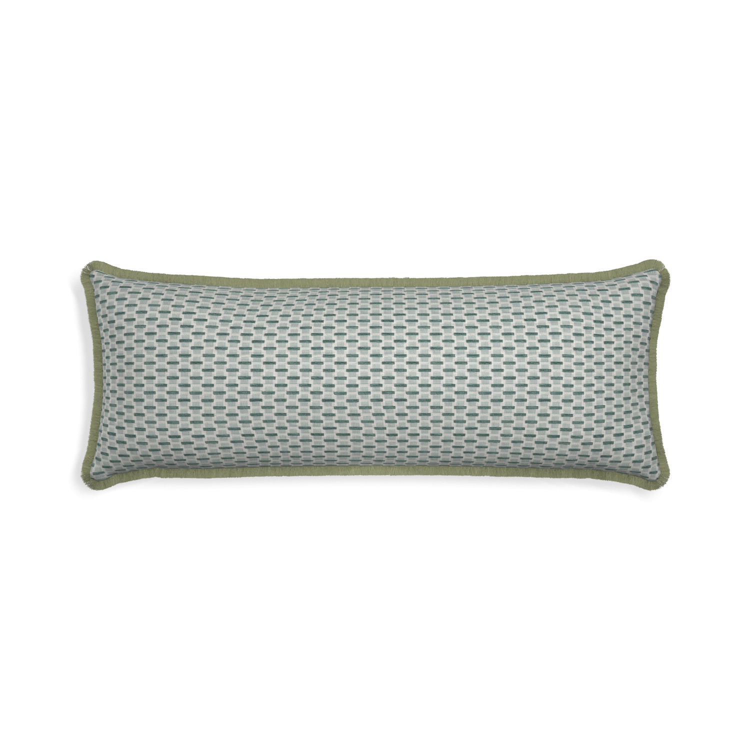 Xl-lumbar willow mint custom green geometric chenillepillow with sage fringe on white background