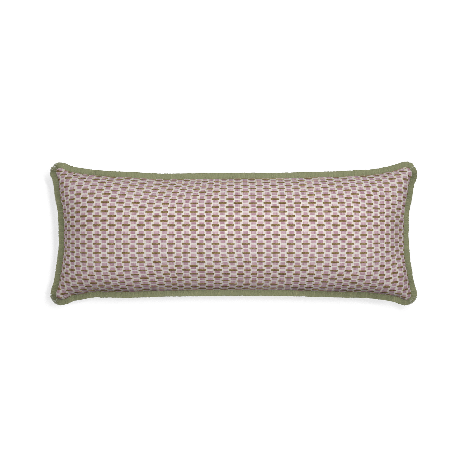Xl-lumbar willow orchid custom pink geometric chenillepillow with sage fringe on white background