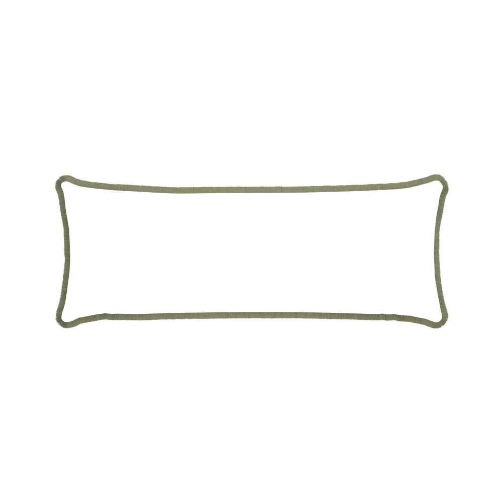 Xl-lumbar ruby moss custom pillow with sage fringe on white background