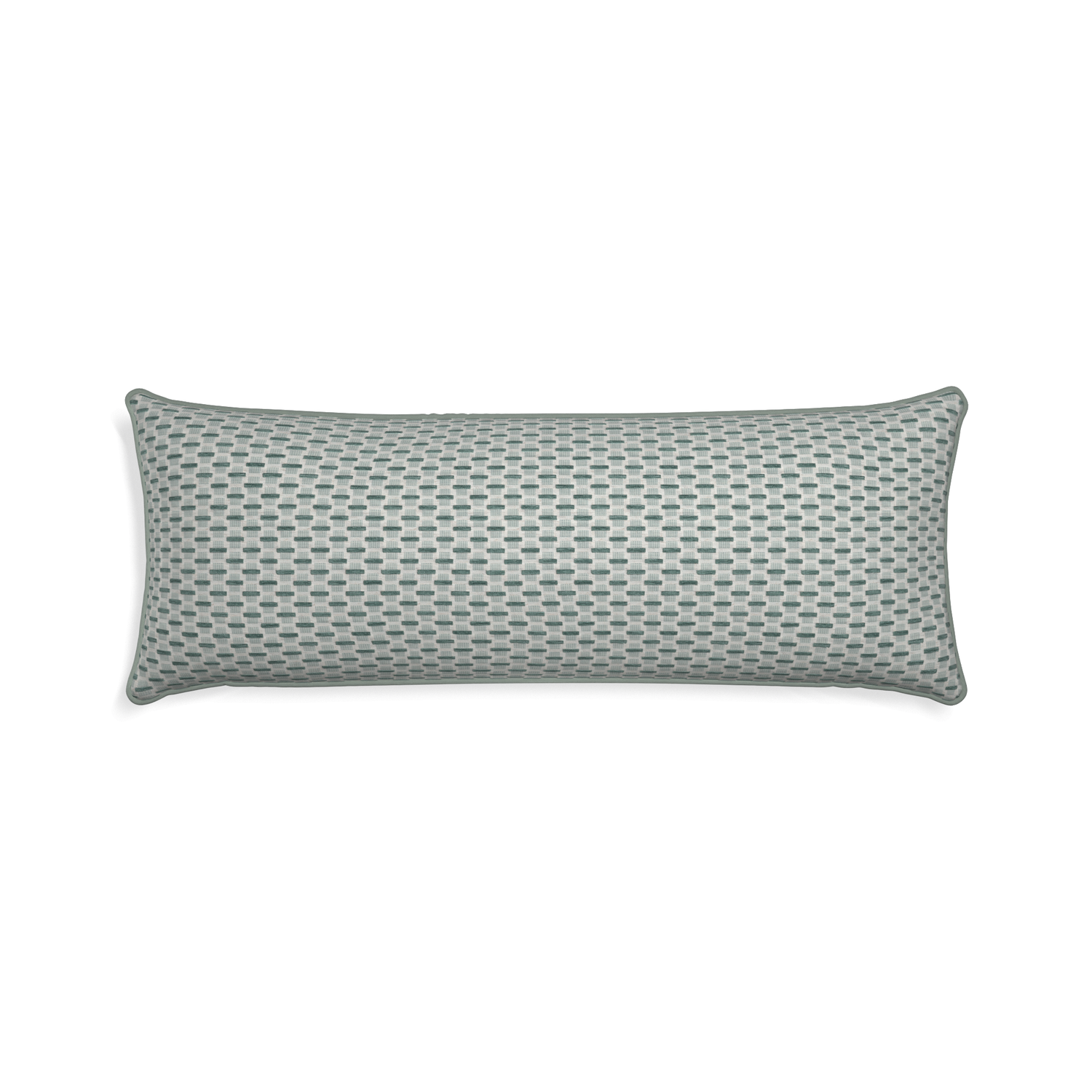 Xl-lumbar willow mint custom green geometric chenillepillow with sage piping on white background