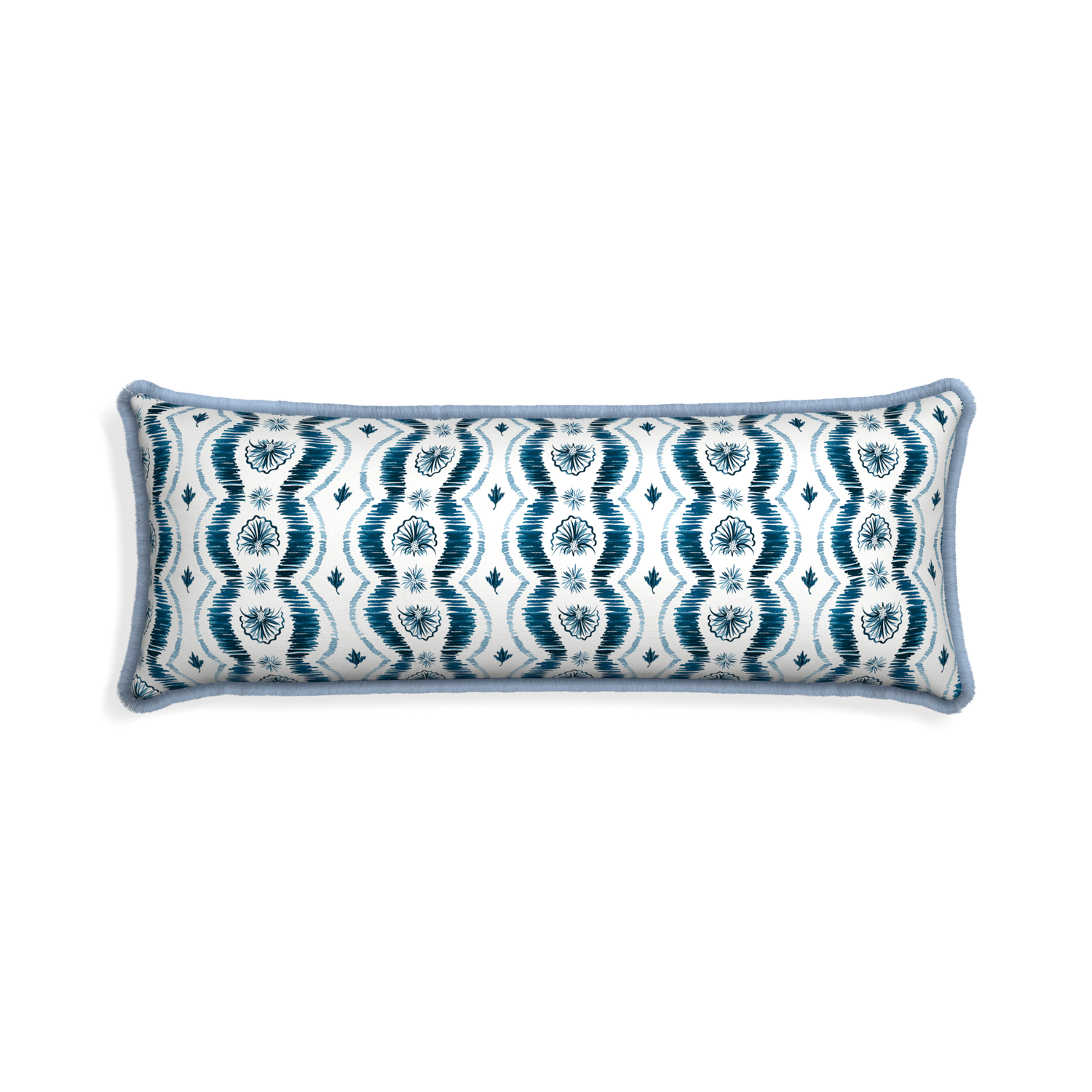 Lumbar Blue Ikat Stripe Pillow with sky blue fringe
