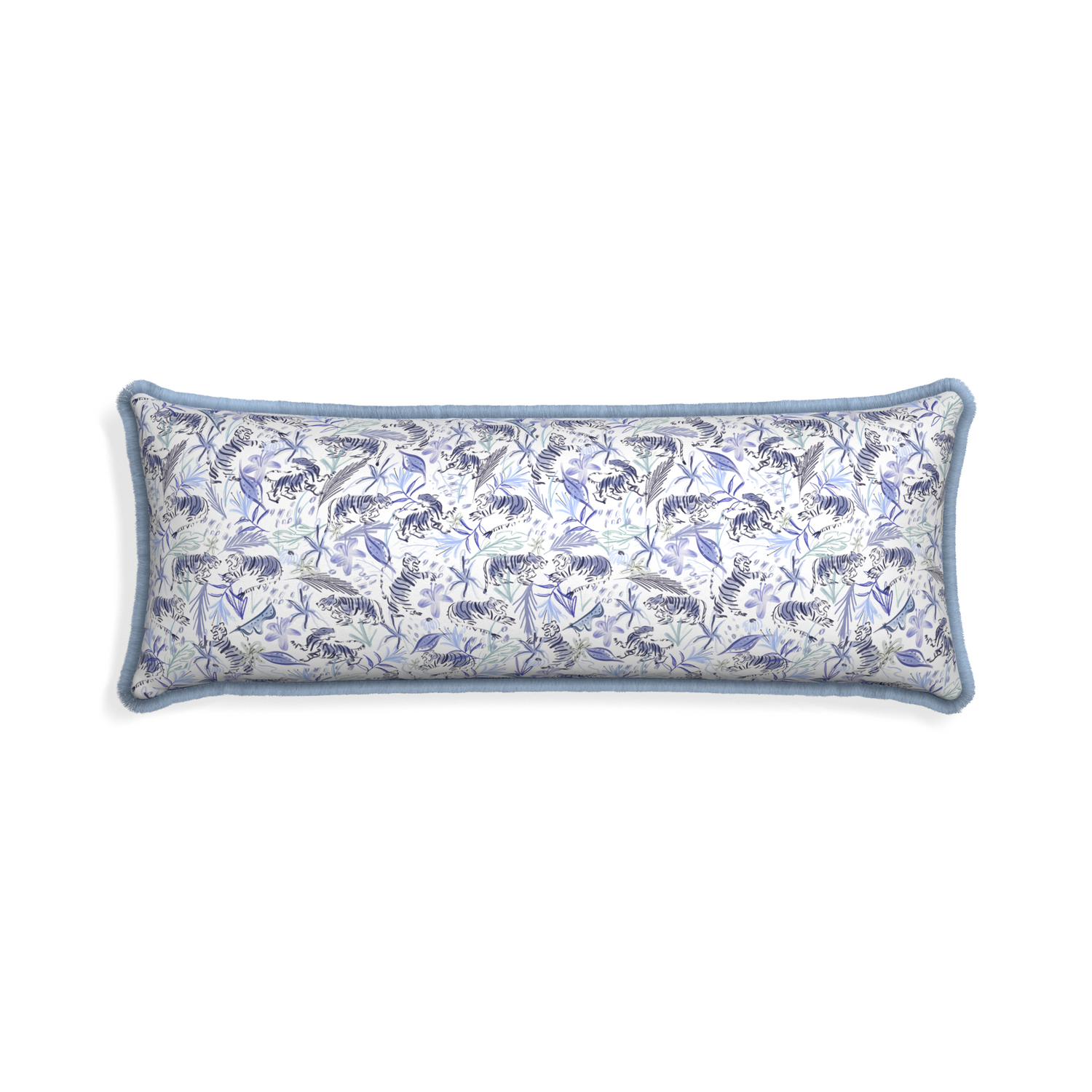 Xl-lumbar frida blue custom blue with intricate tiger designpillow with sky fringe on white background