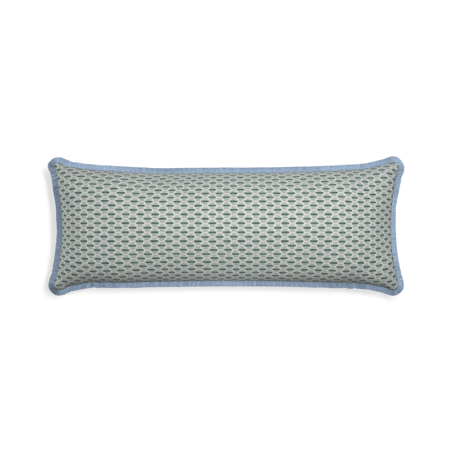 Xl-lumbar willow mint custom green geometric chenillepillow with sky fringe on white background