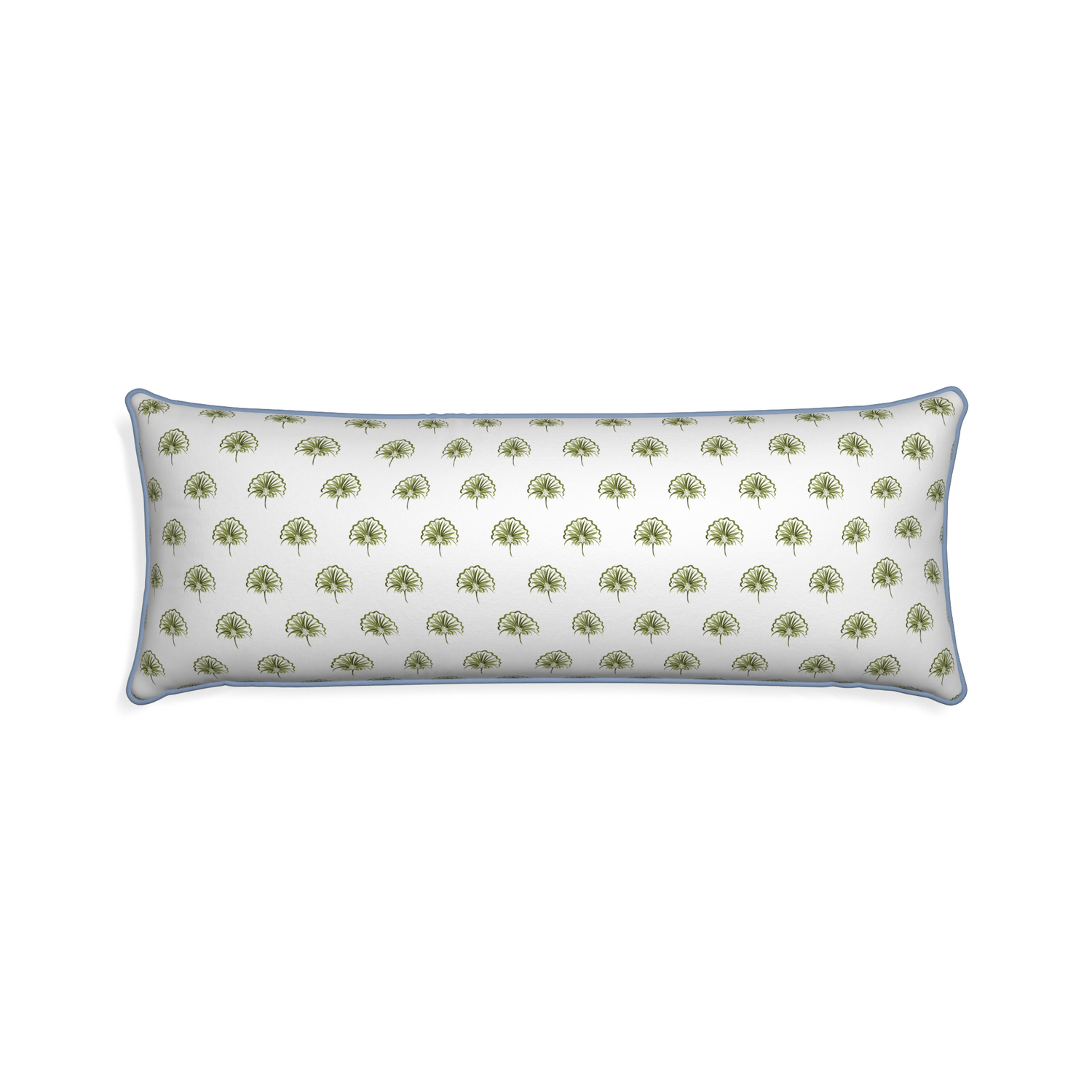 Xl-lumbar penelope moss custom green floralpillow with sky piping on white background
