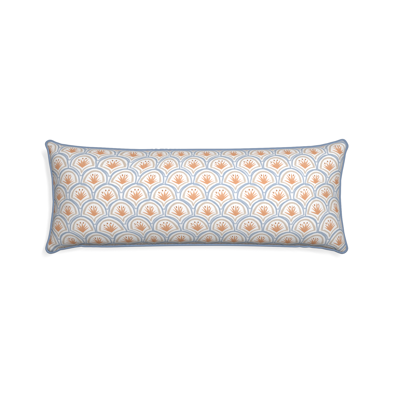 Xl-lumbar thatcher apricot custom art deco palm patternpillow with sky piping on white background