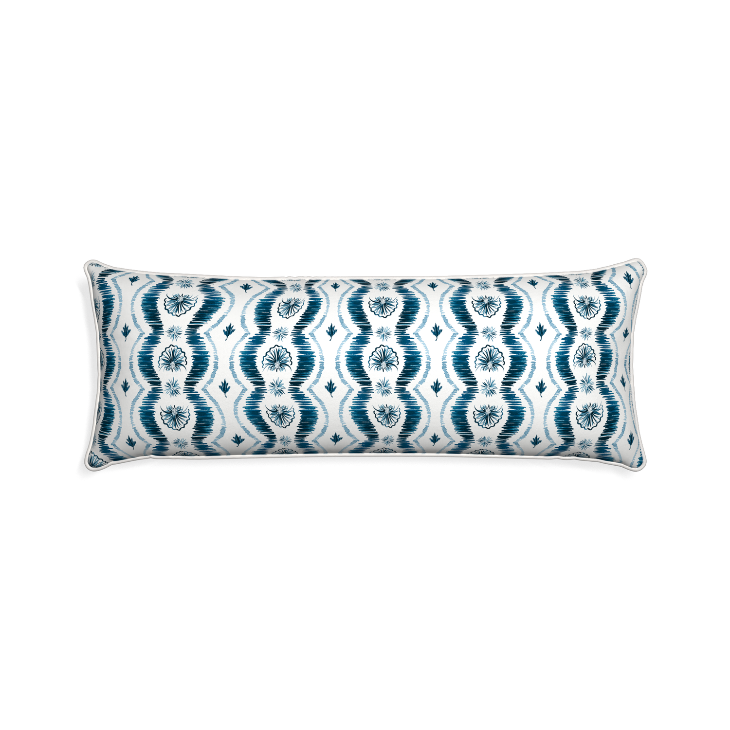 Xl-lumbar alice custom blue ikatpillow with snow piping on white background