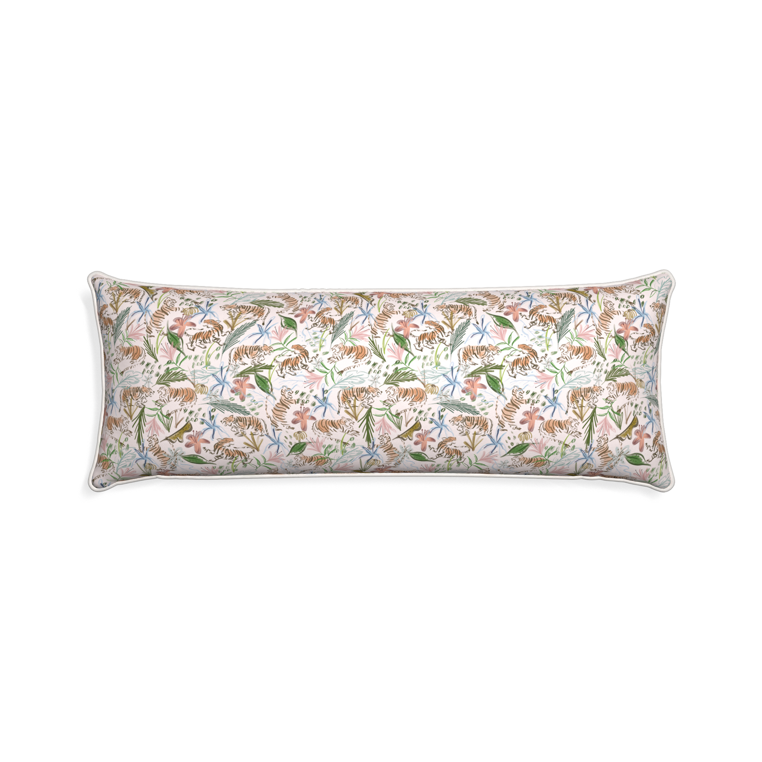 Xl-lumbar frida pink custom pink chinoiserie tigerpillow with snow piping on white background