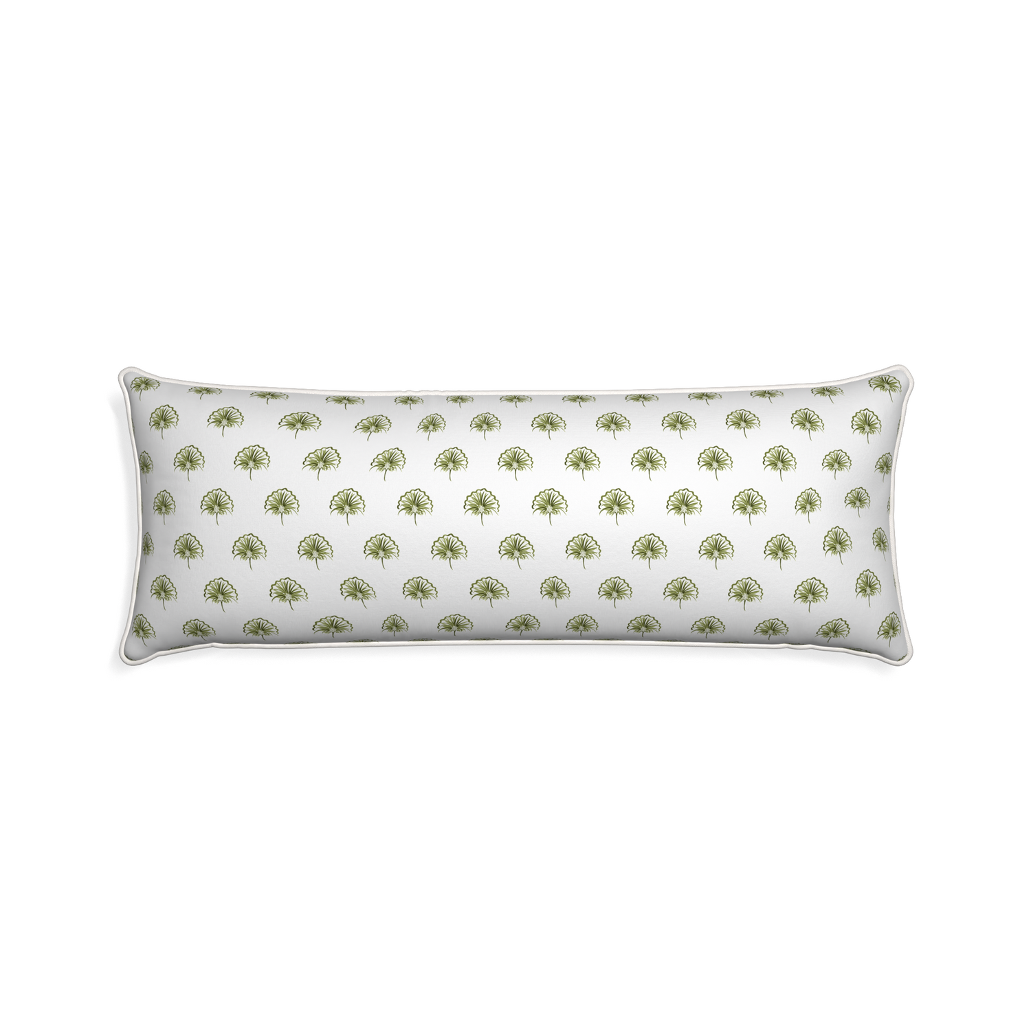 Xl-lumbar penelope moss custom green floralpillow with snow piping on white background