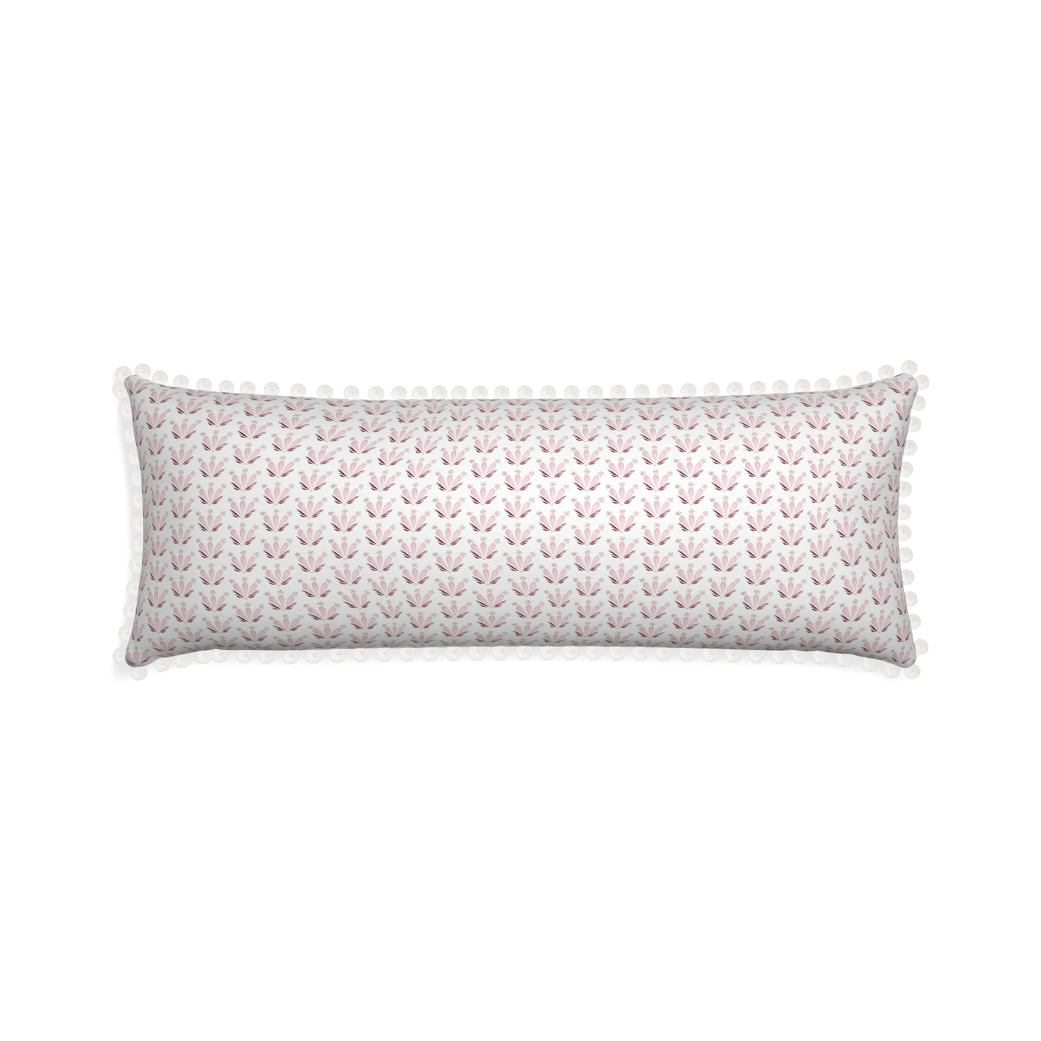 Xl-lumbar serena pink custom pink & burgundy drop repeat floralpillow with snow pom pom on white background