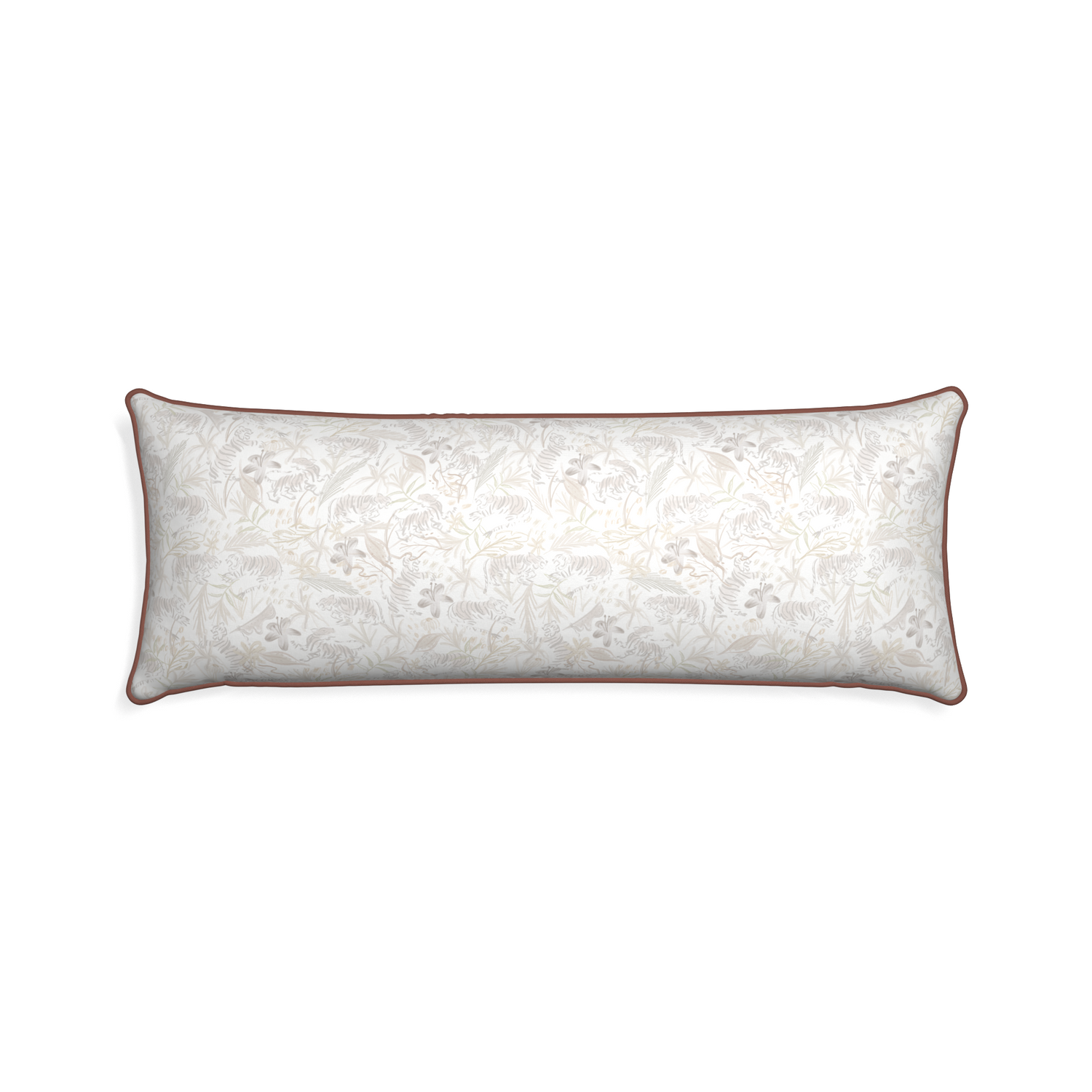 Xl-lumbar frida sand custom beige chinoiserie tigerpillow with w piping on white background