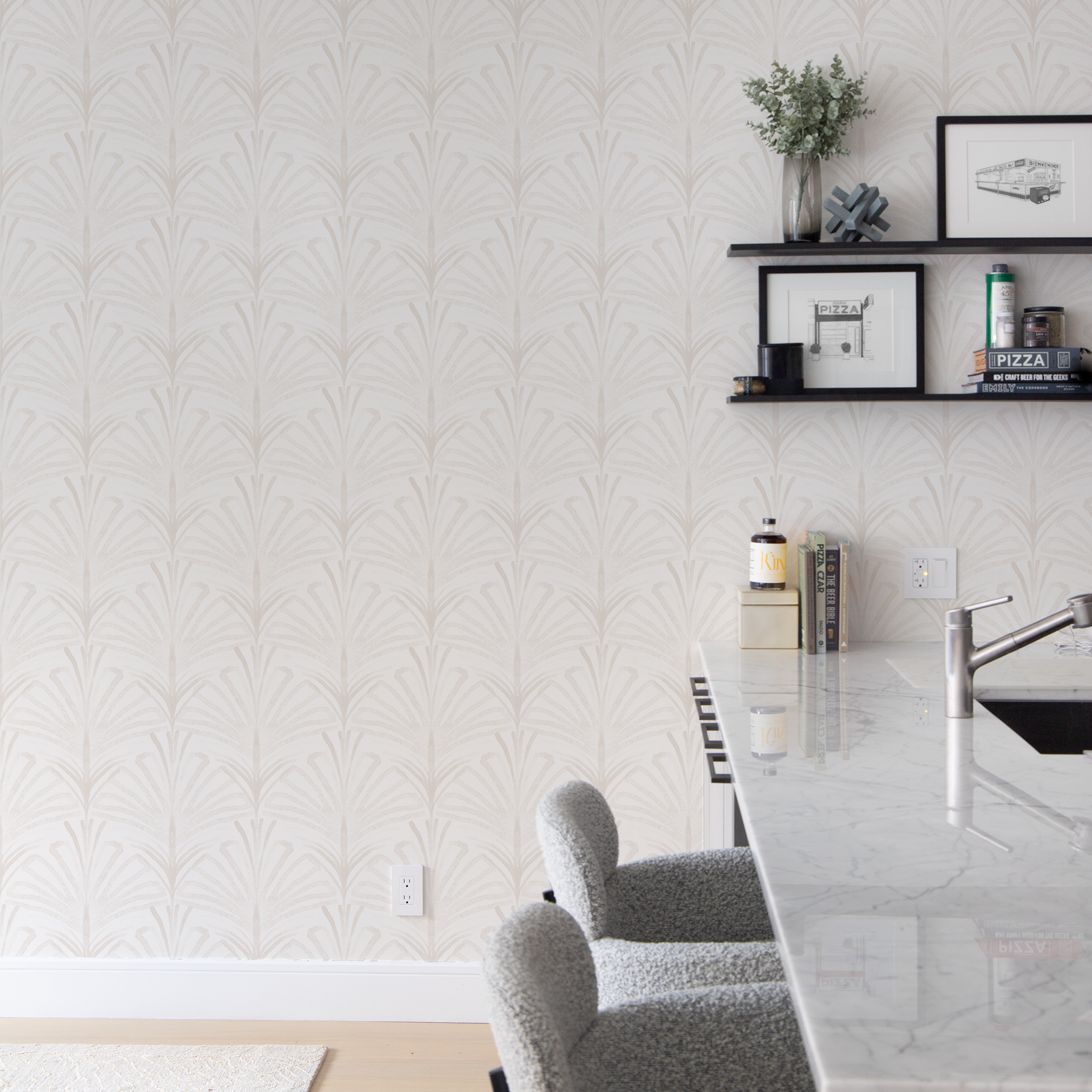 Suzy Snow art-deco wallpaper in crisp Bavarian winter colors, enhancing modern custom interiors by Pepper Home.