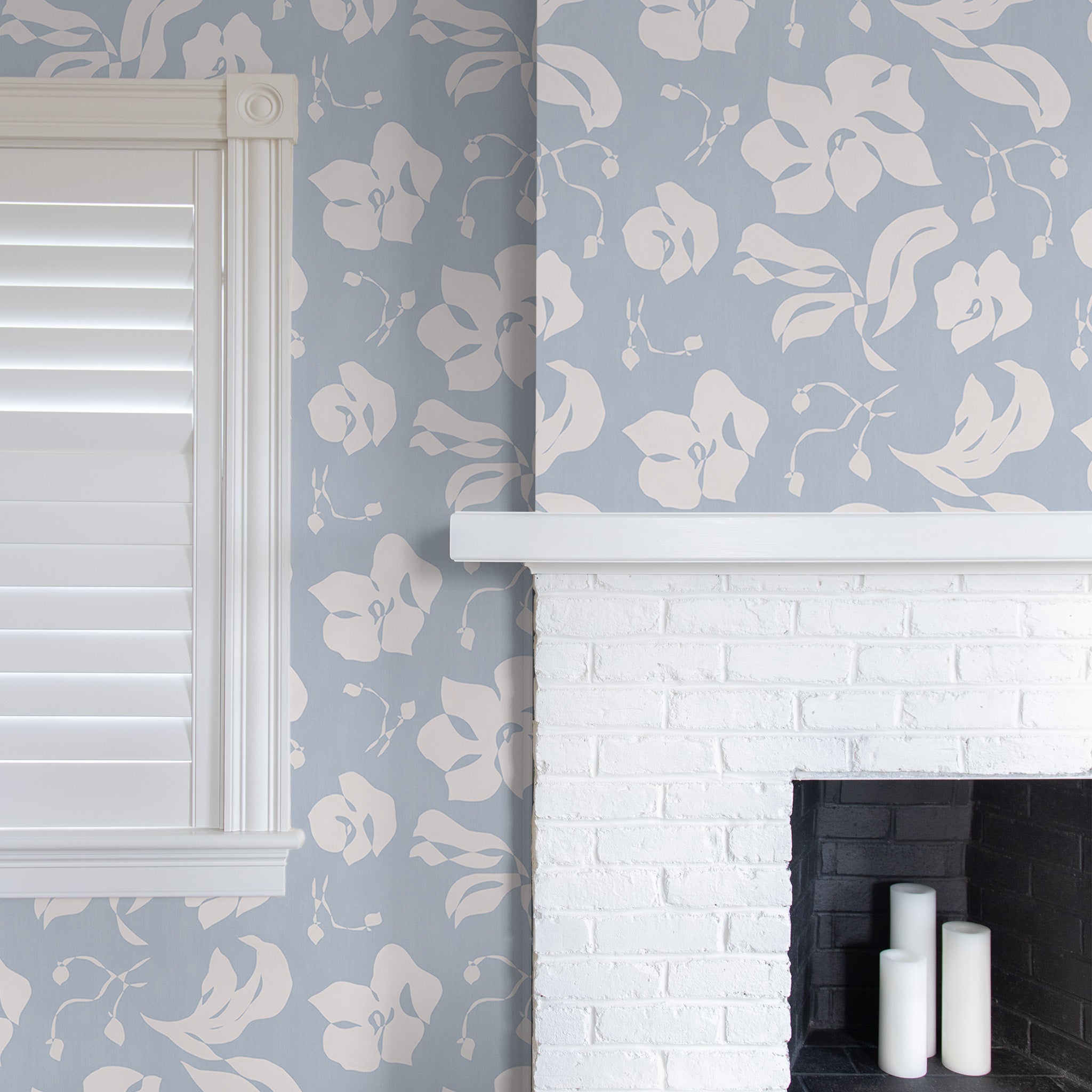 Georgia Cornflower wallpaper with abstract botanical print in soft cornflower blue, perfect for custom-made curtains by Pepper Home.