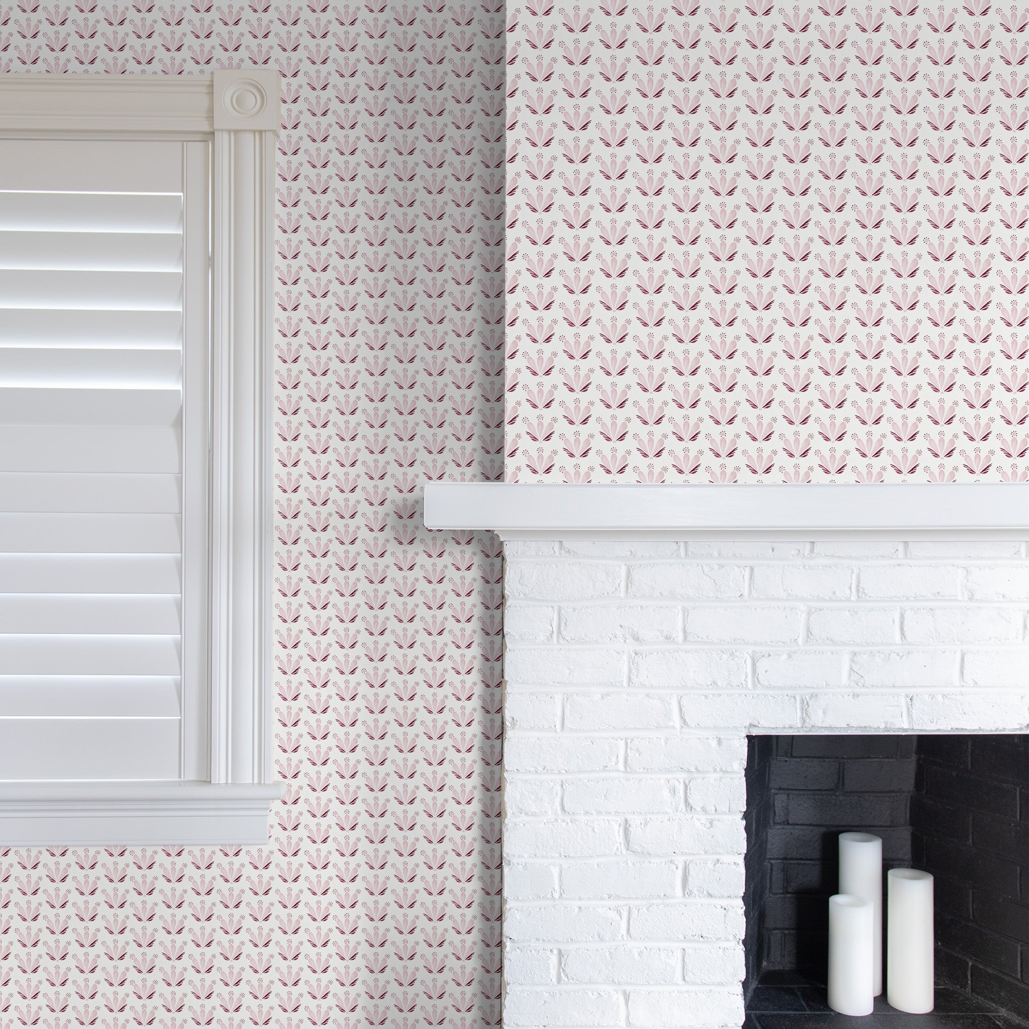 Living room fireplace styled with a Pink & Burgundy Drop Repeat Floral Printed Wallpaper