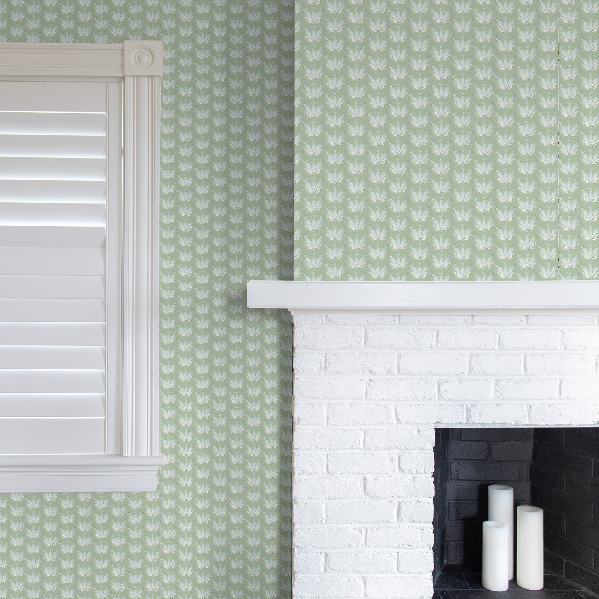 Fireplace close-up styled with a Blue & Green Floral Drop Repeat Printed Wallpaper