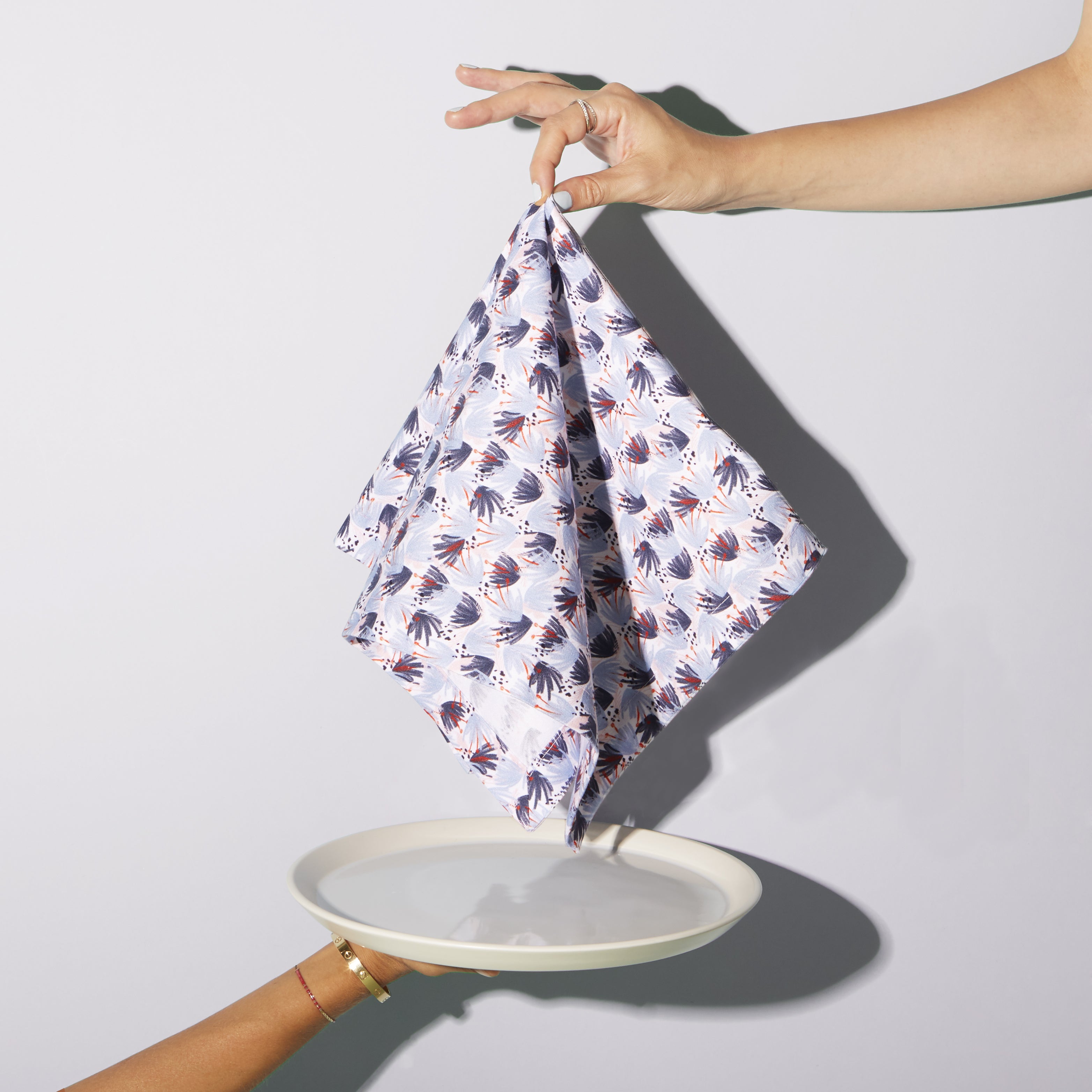 Red and Blue Printed Napkin being held by hand on top of another hand holding white plate