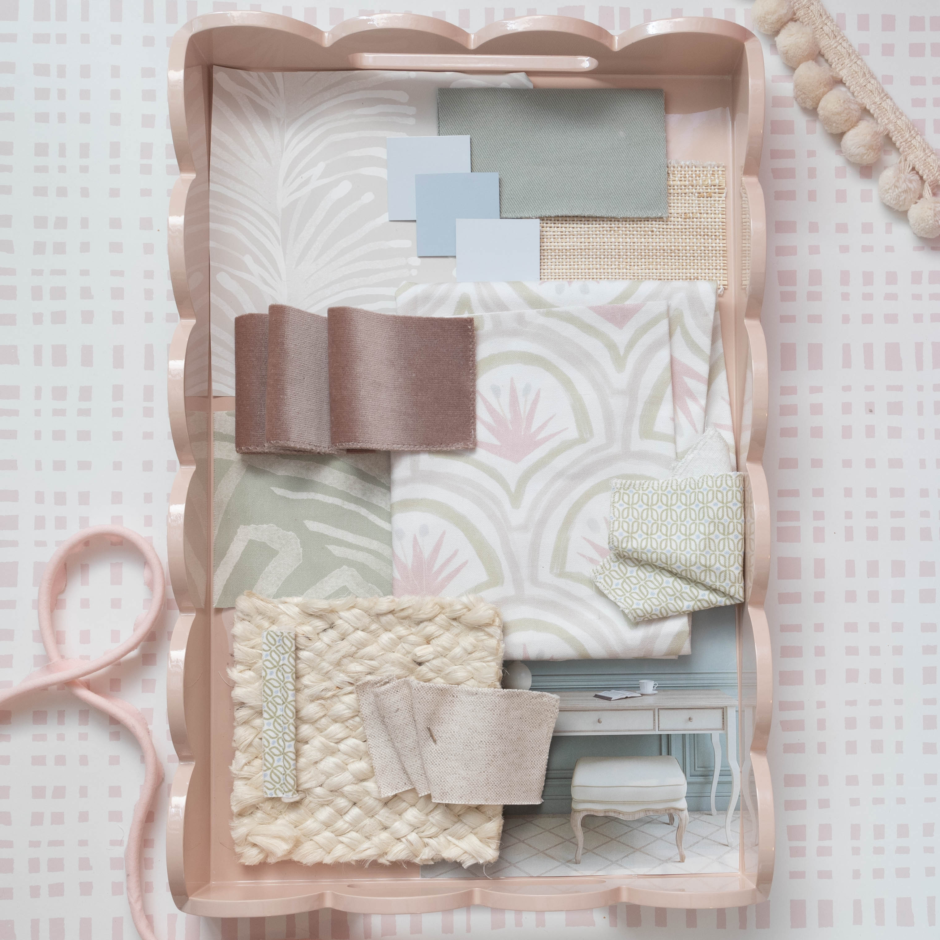 Ginger Rose fabric and material swatches showcasing custom curtain design options by Pepper Home.