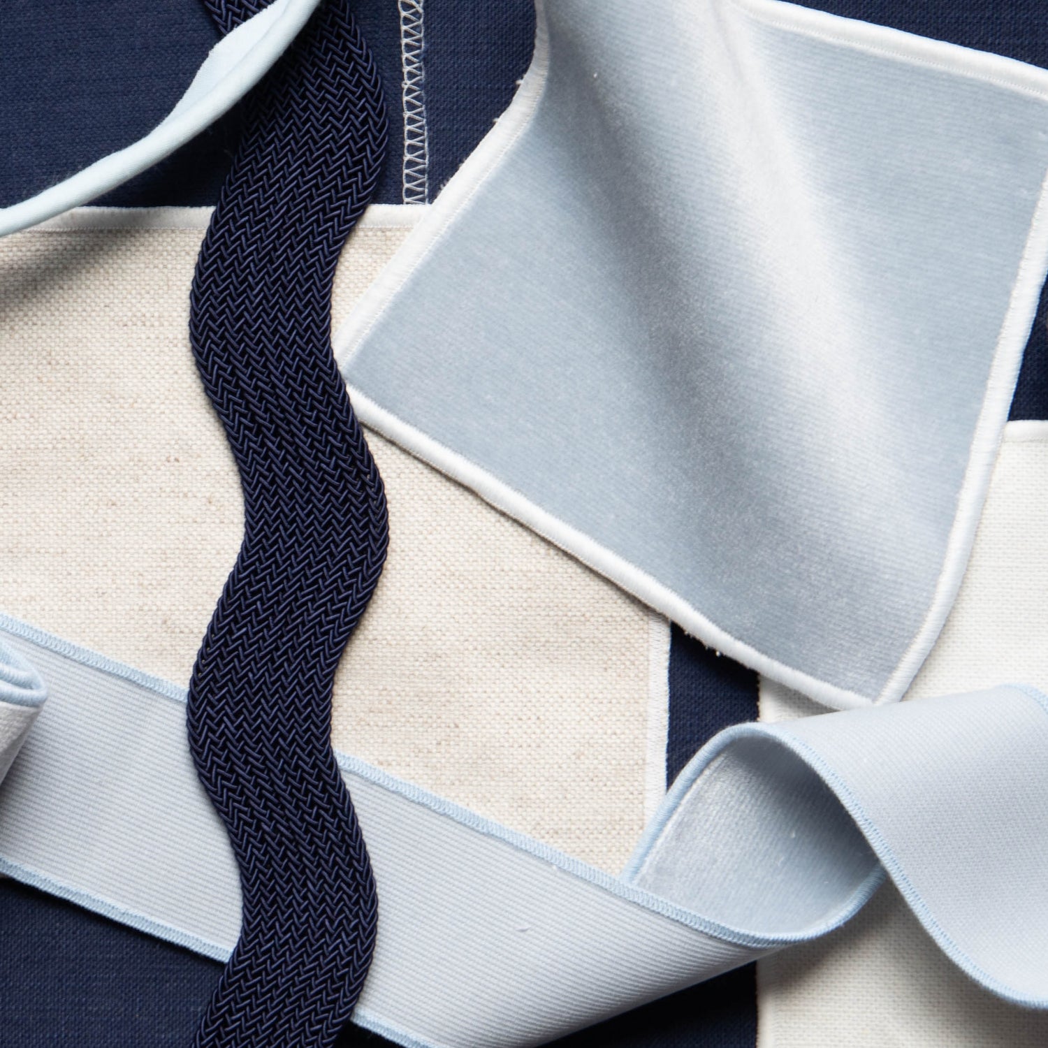 Interior design moodboard and fabric inspirations with Sky Blue Velvet Swatch, Light Brown Linen Swatch, Navy Blue Cotton Swatch, and Navy Blue Rick Rack Trim