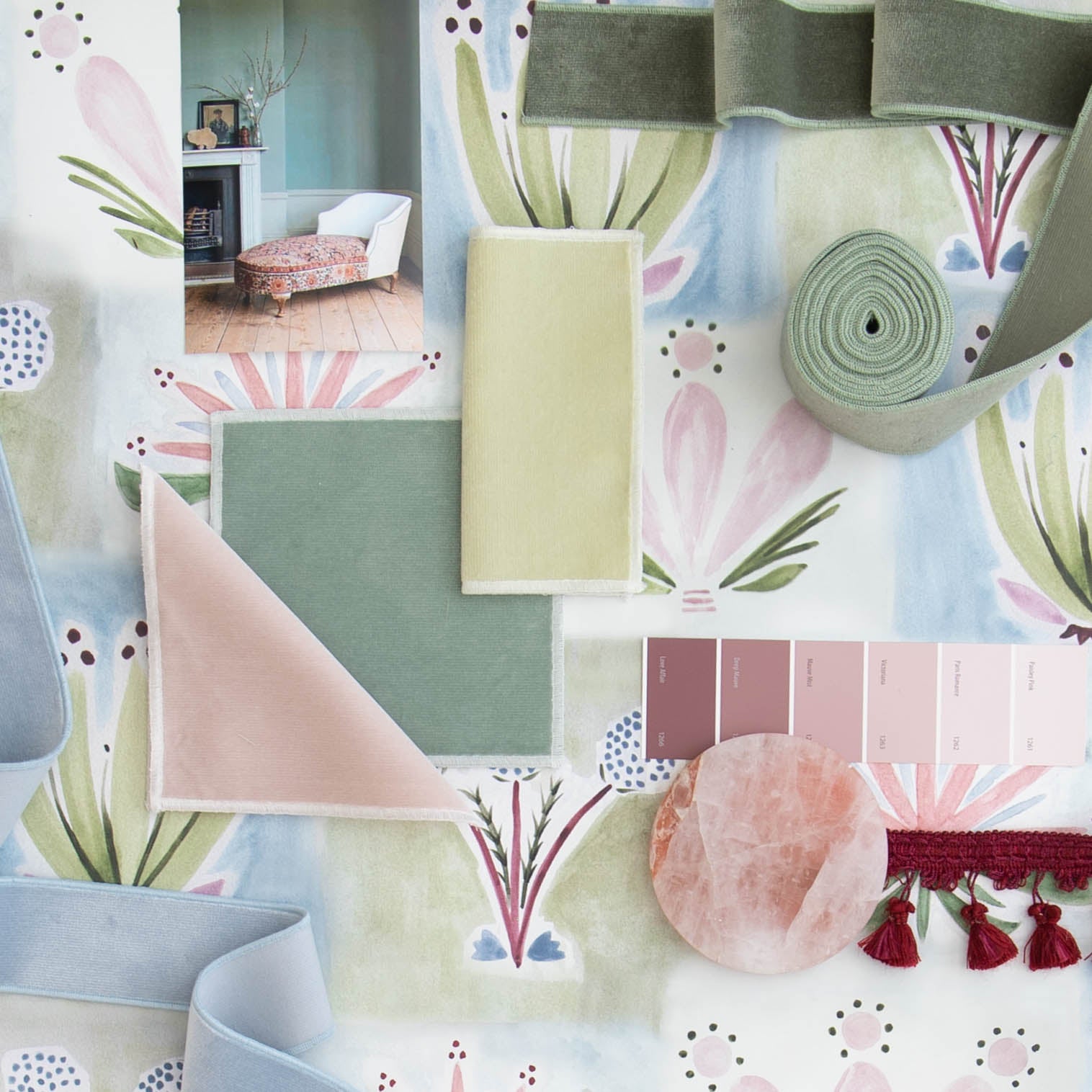 Interior design moodboard and fabric inspirations with Blue Green Velvet Swatch, Hand-painted Floral Printed Swatch, and Pink Velvet Swatch