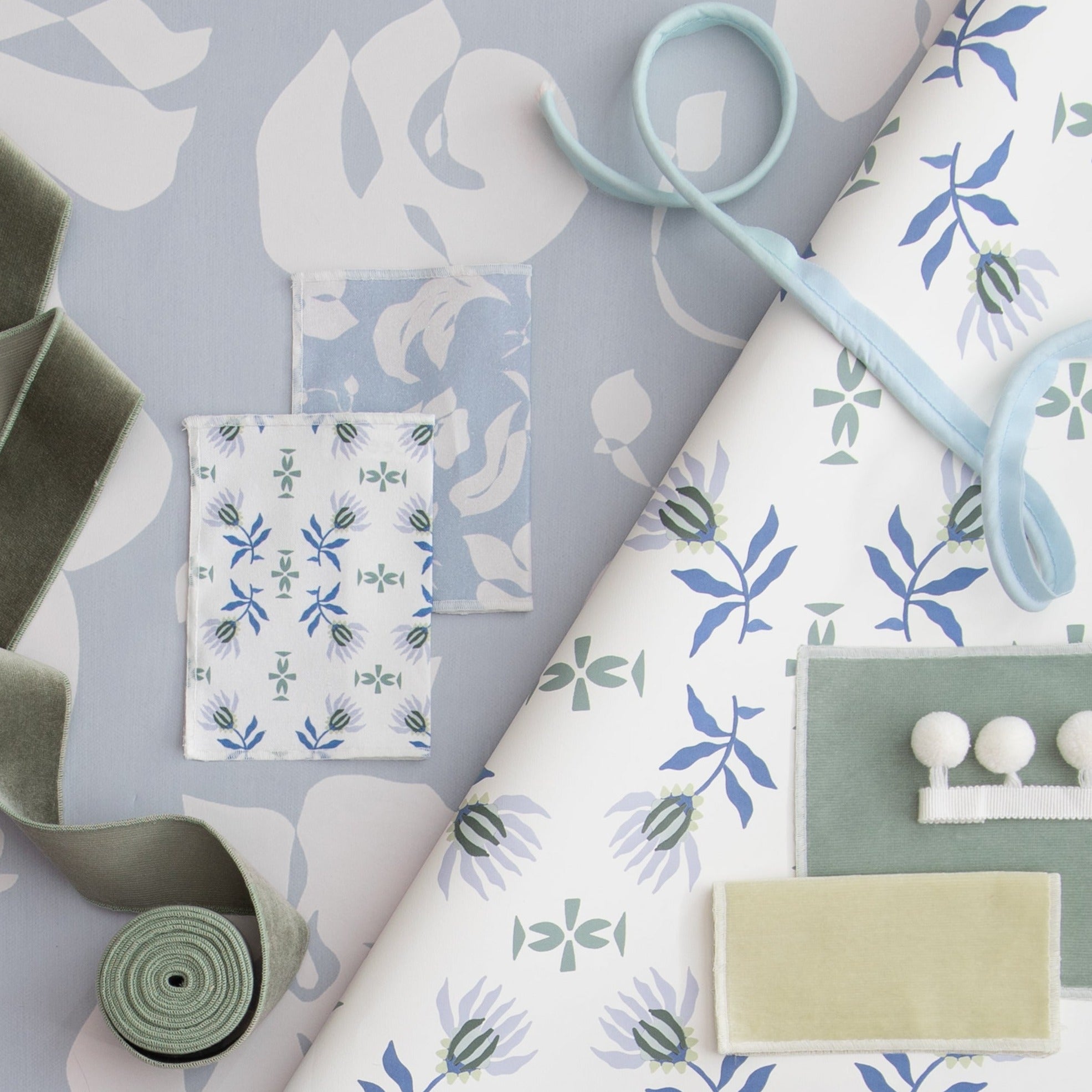 Interior design moodboard and fabric inspirations with Blue & Green Floral Printed Swatch, Fern Green Velvet Band and Blue Green Velvet Swatch