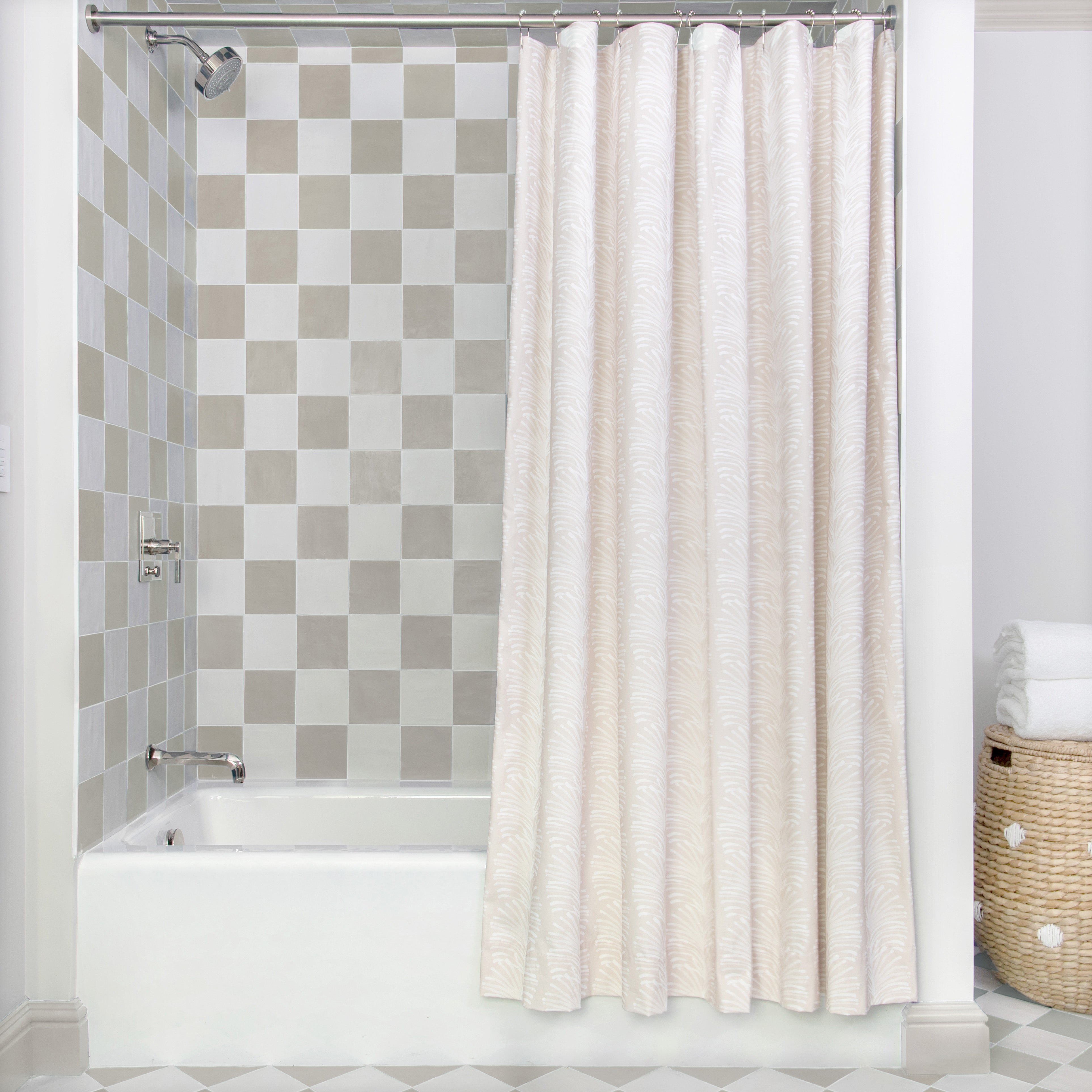 Bath styled with Beige Botanical Stripe Printed Shower Curtain on metal rod with light brown and white checkered wallpaper