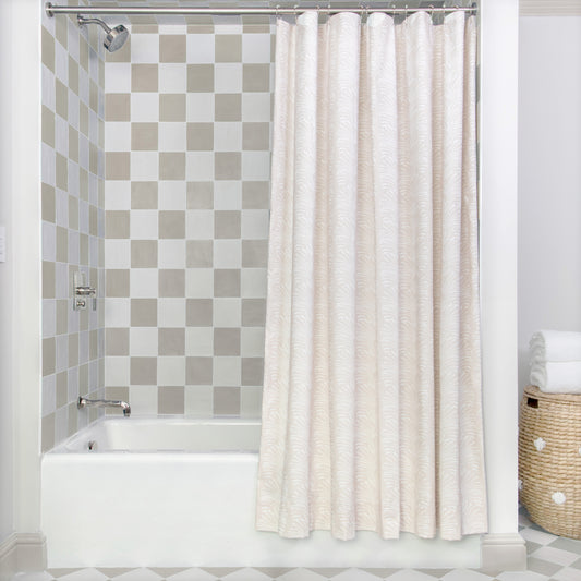 Bath styled with Beige Botanical Stripe Printed Shower Curtain on metal rod with light brown and white checkered wallpaper