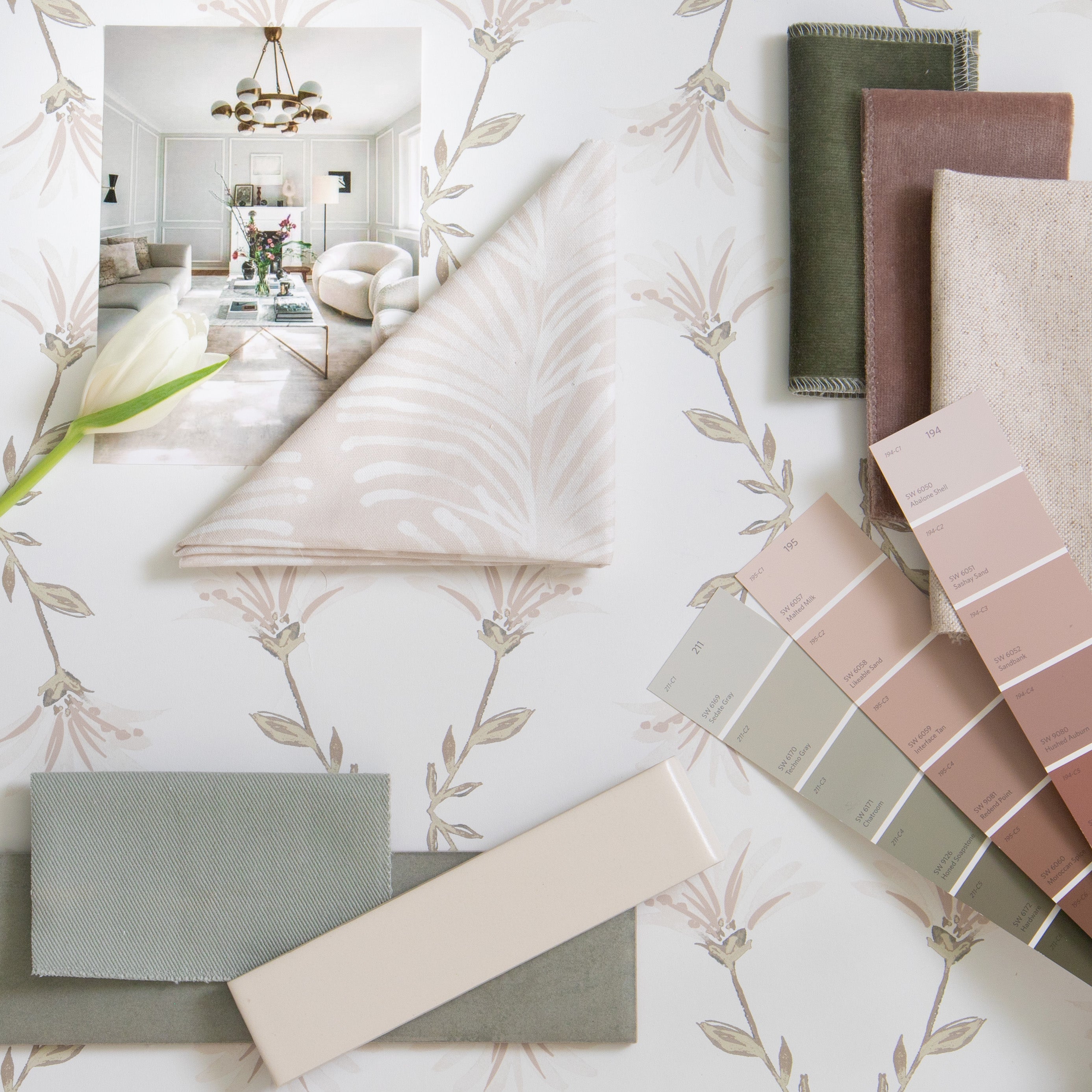 Interior design moodboard and fabric inspirations with Beige Botanical Stripe Printed Swatch, Fern Green Velvet Swatch, Mauve Velvet Swatch, and Cream Floral Wallpaper