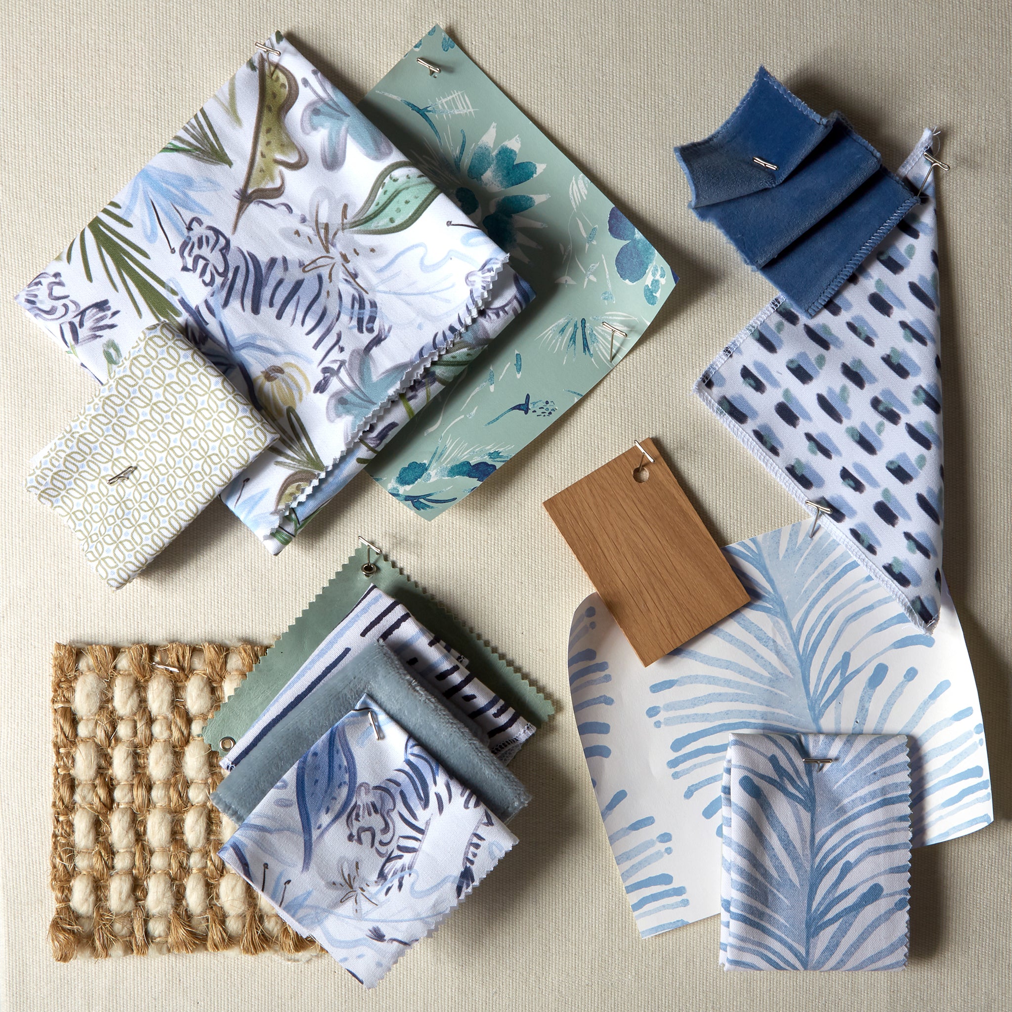 Blake Mint fabric swatches featuring custom floral and botanical patterns by Pepper Home for custom-made curtains.