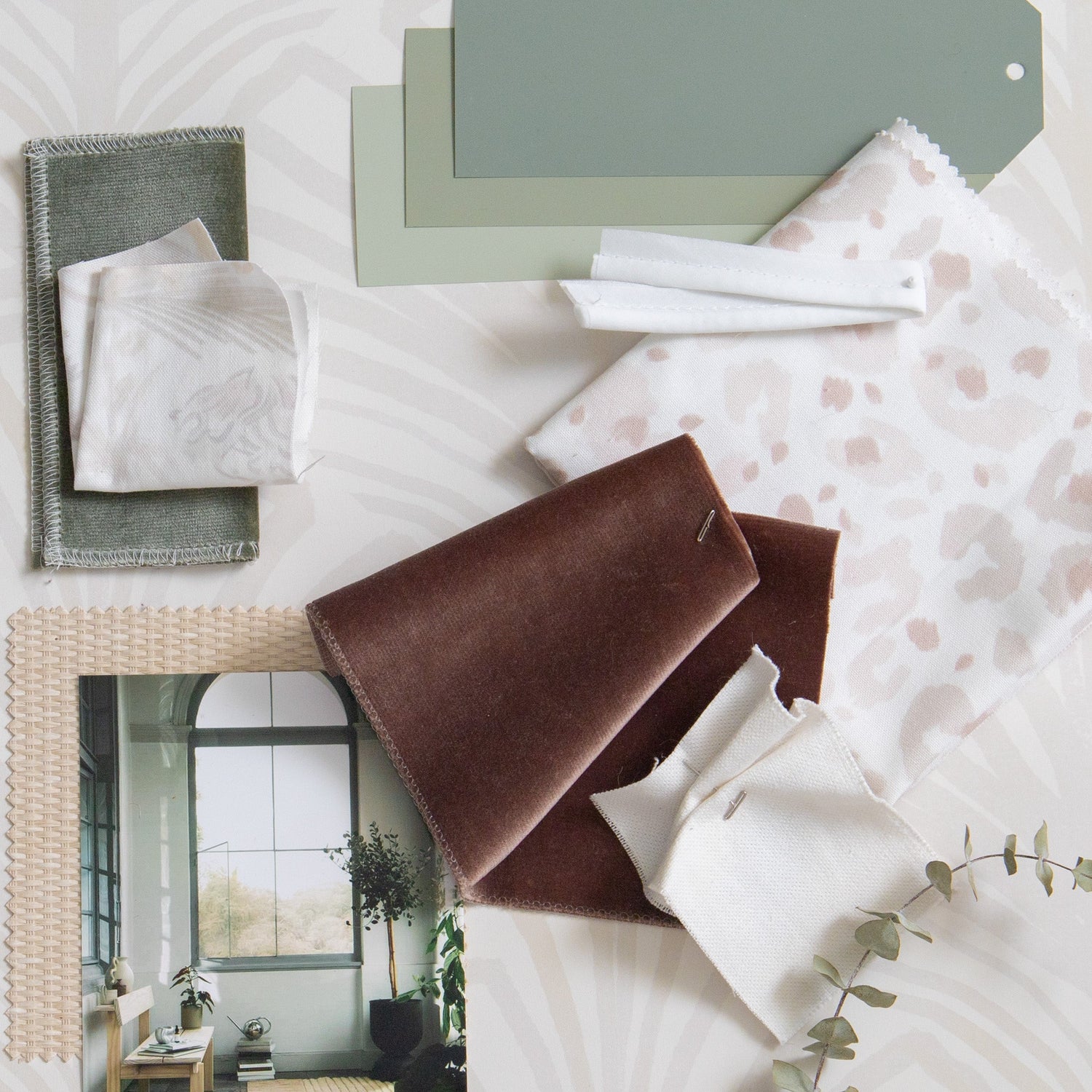 Interior design moodboard and fabric inspirations with Fern Green Velvet Swatch, Brown Velvet Swatch, Beige Botanical Stripe Printed Swatch, Beige Chinoiserie Tiger Printed Swatch, and Beige Animal Print Swatch