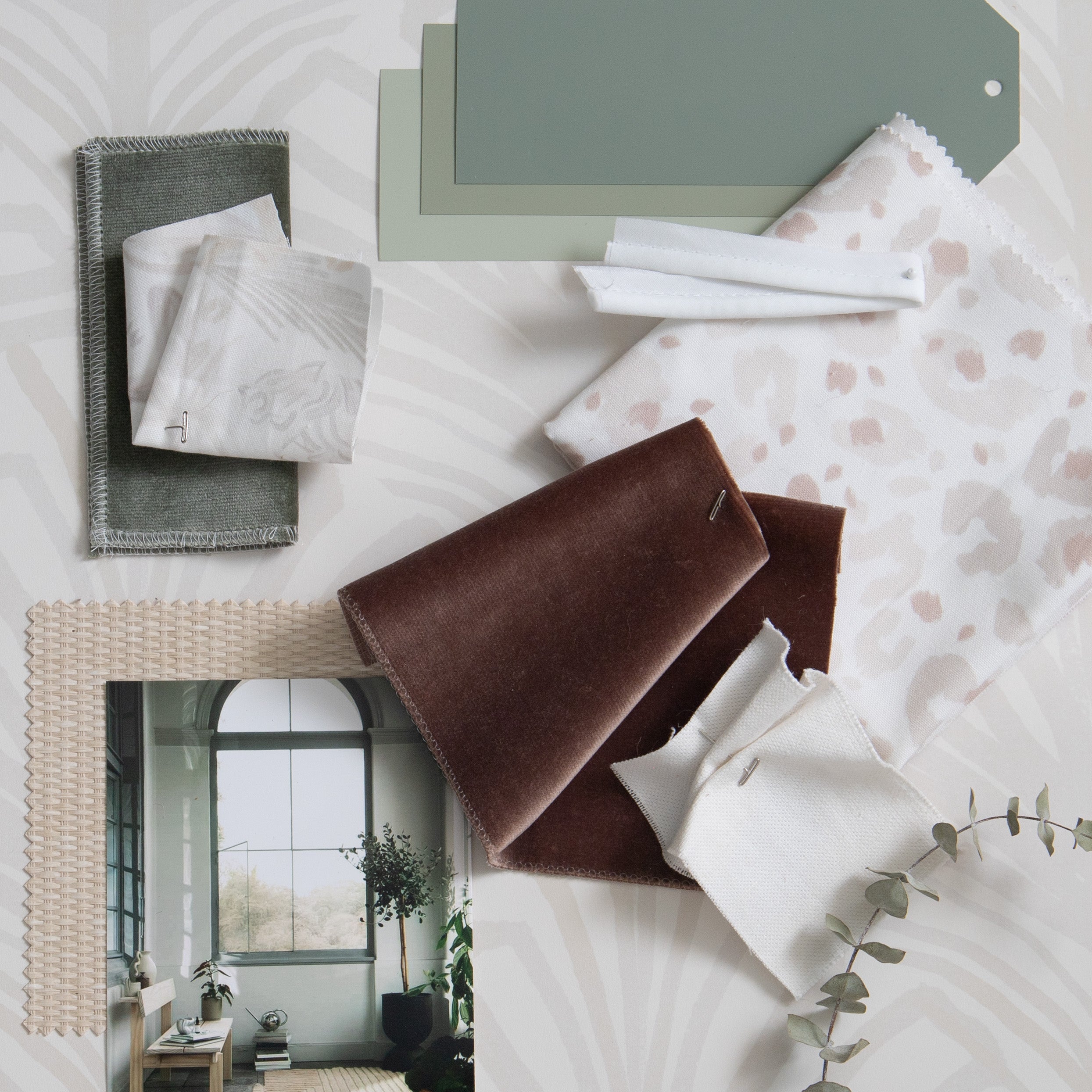 Interior design moodboard and fabric inspirations with Fern Green Velvet Swatch, Brown Velvet Swatch, Beige Botanical Stripe Printed Swatch, Beige Chinoiserie Tiger Printed Swatch, and Beige Animal Print Swatch