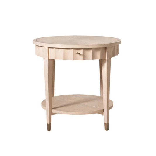 neutral round side table with scalloped border