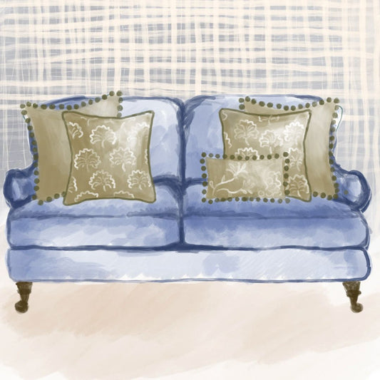 Blue Sofa Sketch with Green Pillows