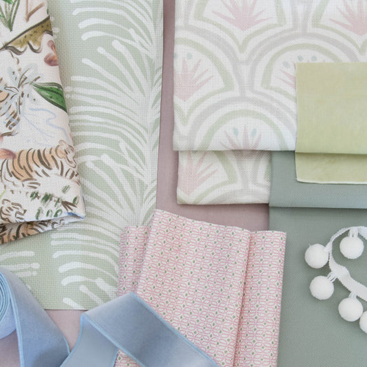 Interior design moodboard and fabric inspirations with sage green botanical stripe printed cotton and green and pink palm printed cotton and pink geometic cotton fabric