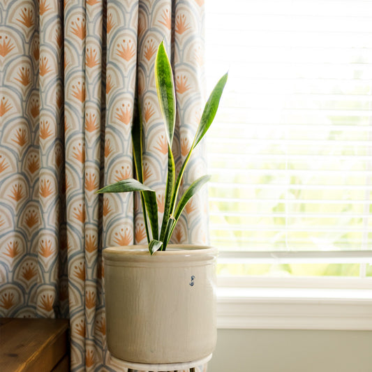 Close up of a green plant in a white bot in front of a blue and orange art decor curtain panel hanging in front of a window