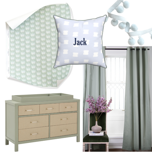 Interior design moodboard with Sage curtains, blue and green floral wallpaper, a sage green dresser and blue and white geometric patterned pillow embroidered with "Jack" in navy