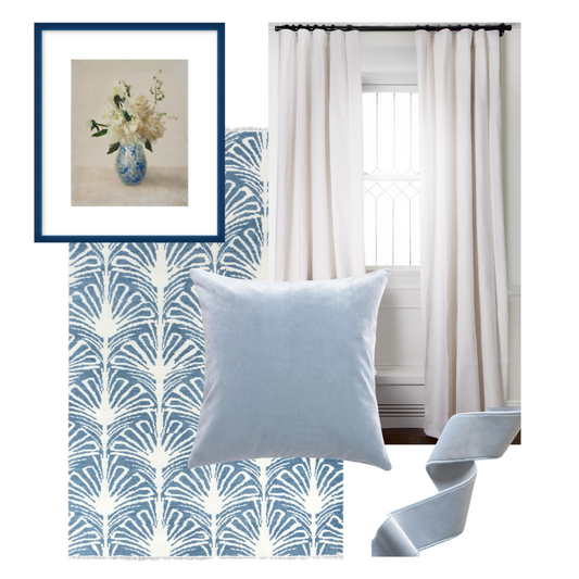 Blue and white design moodboard with steel art deco rug paired with white custom curtains, floral artwork in a blue vase and blue velvet pillow