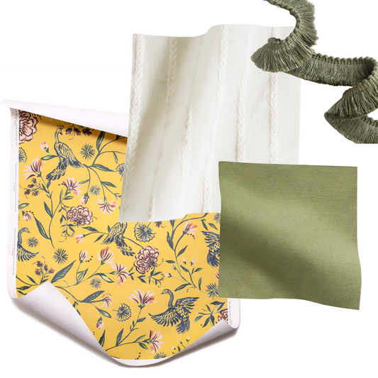 Interior design moodboard with canary chinoiserie wallpaper, cream sheer embroidered fabric with cream stripes, green linen fabric swatch and sage fringe trim