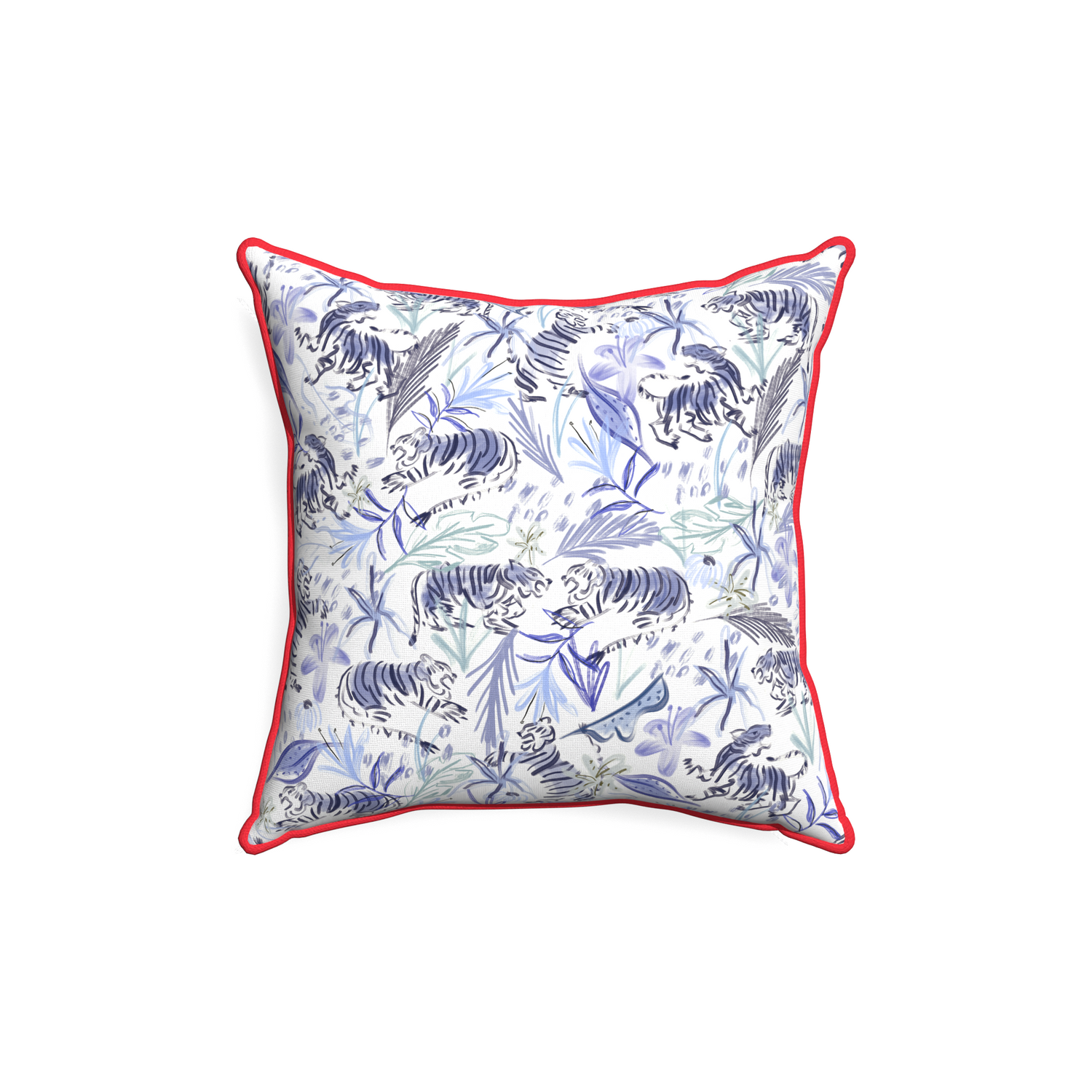 18-square frida blue custom blue with intricate tiger designpillow with cherry piping on white background