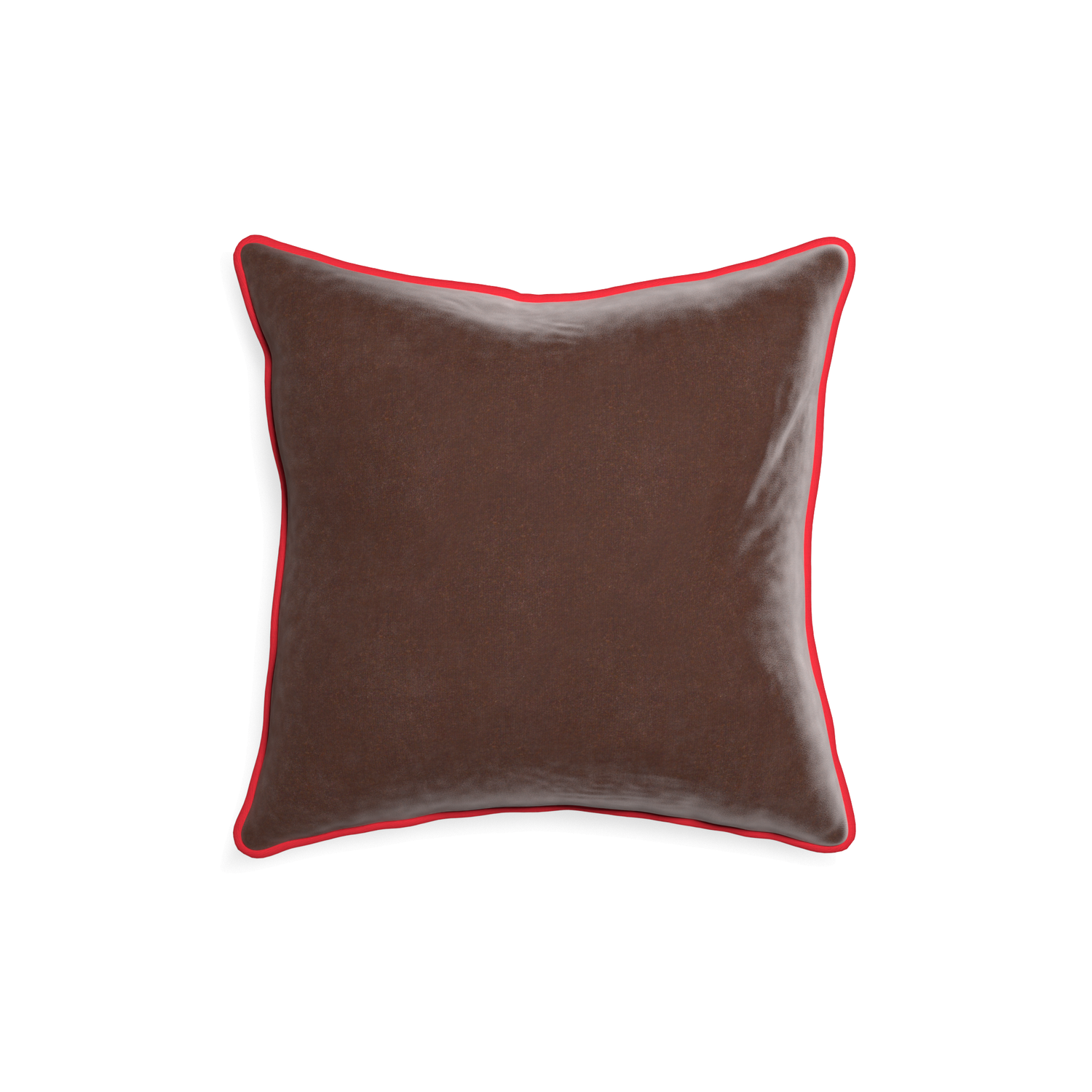 18-square walnut velvet custom pillow with cherry piping on white background