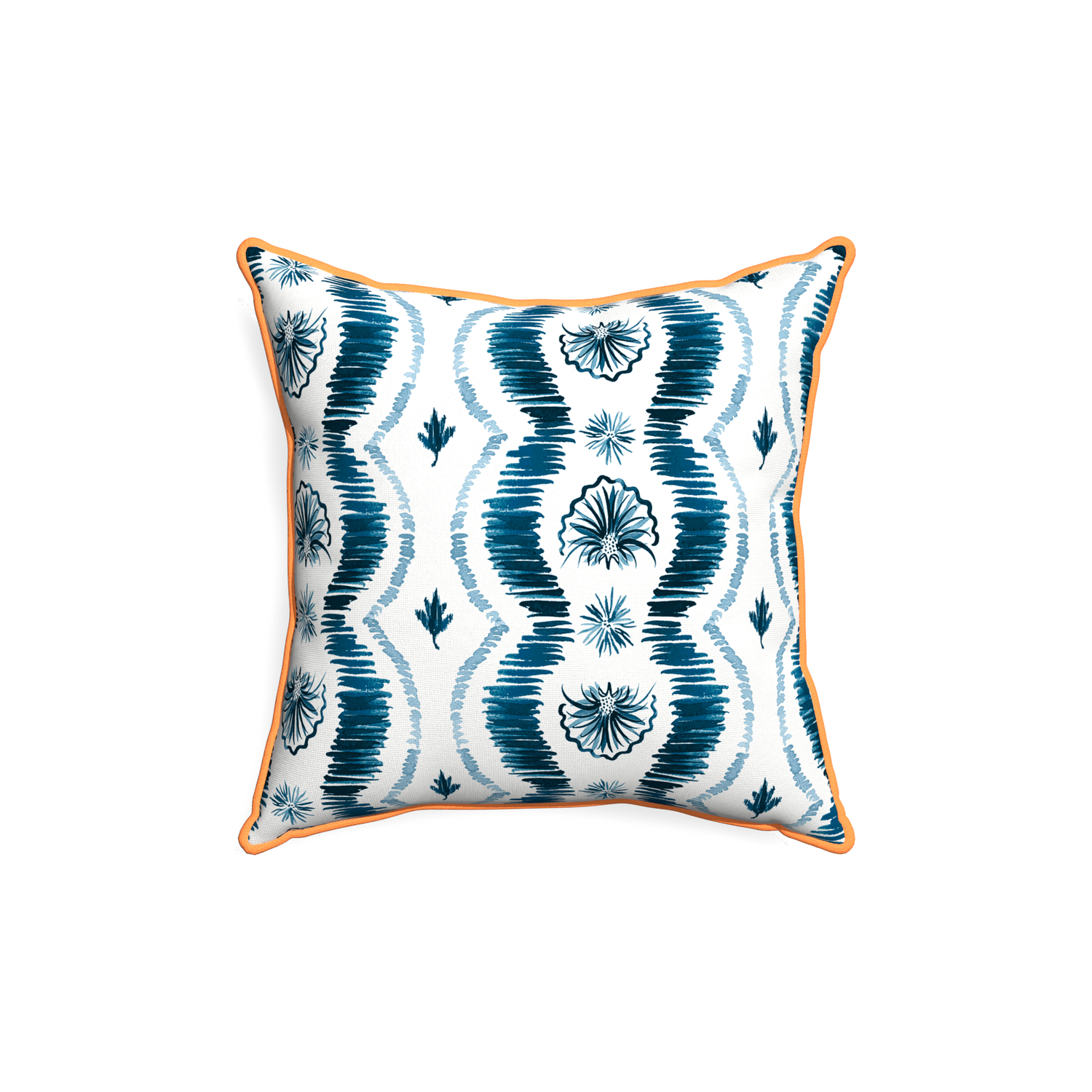 18-square alice custom blue ikatpillow with clementine piping on white background