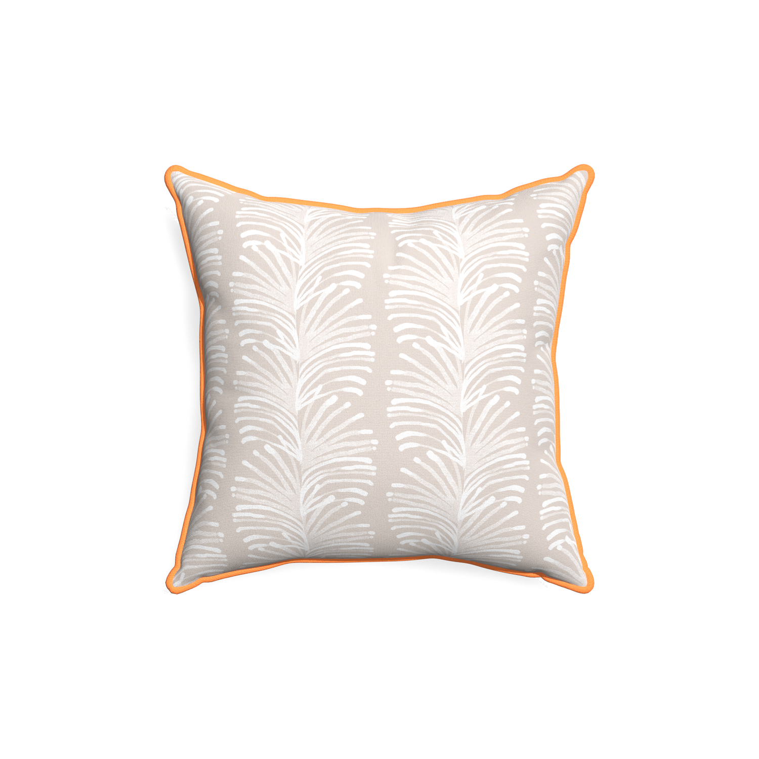 18-square emma sand custom pillow with clementine piping on white background