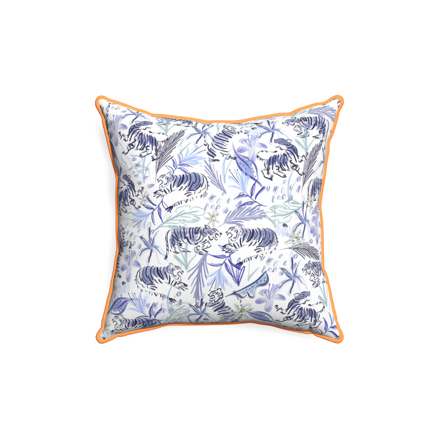 18-square frida blue custom blue with intricate tiger designpillow with clementine piping on white background