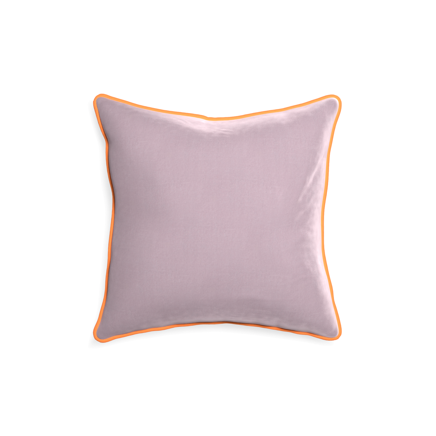 18-square lilac velvet custom pillow with clementine piping on white background