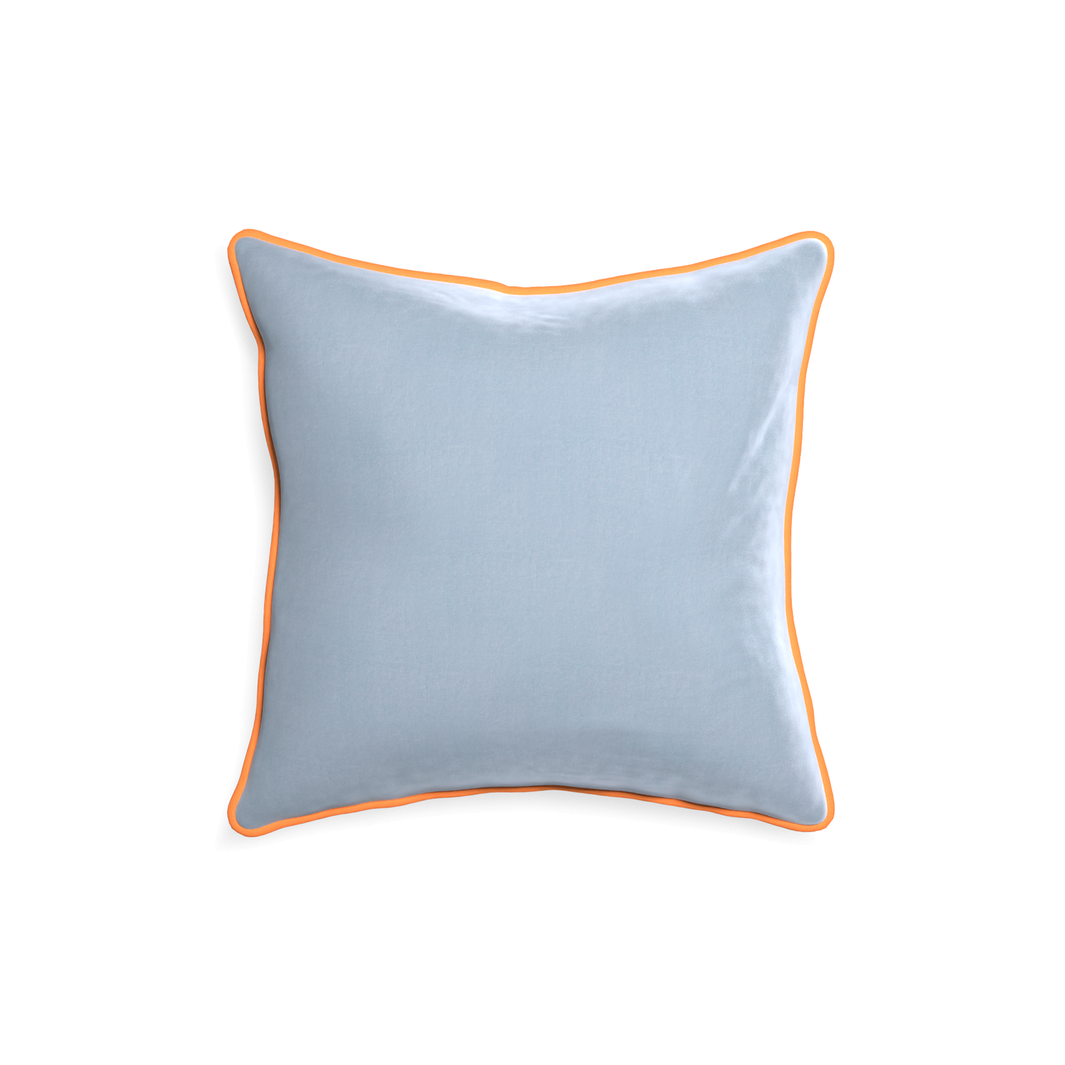 square light blue velvet pillow with orange piping
