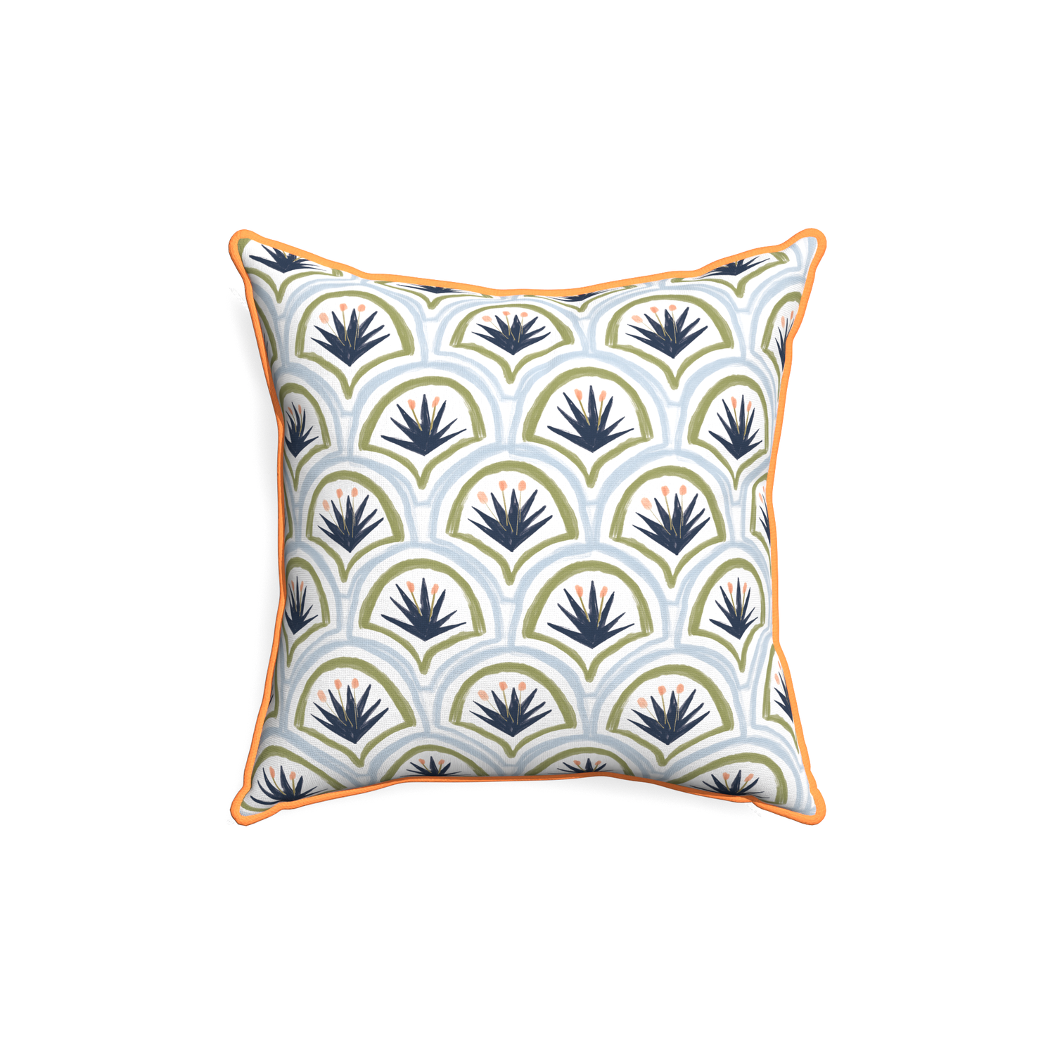 18-square thatcher midnight custom art deco palm patternpillow with clementine piping on white background