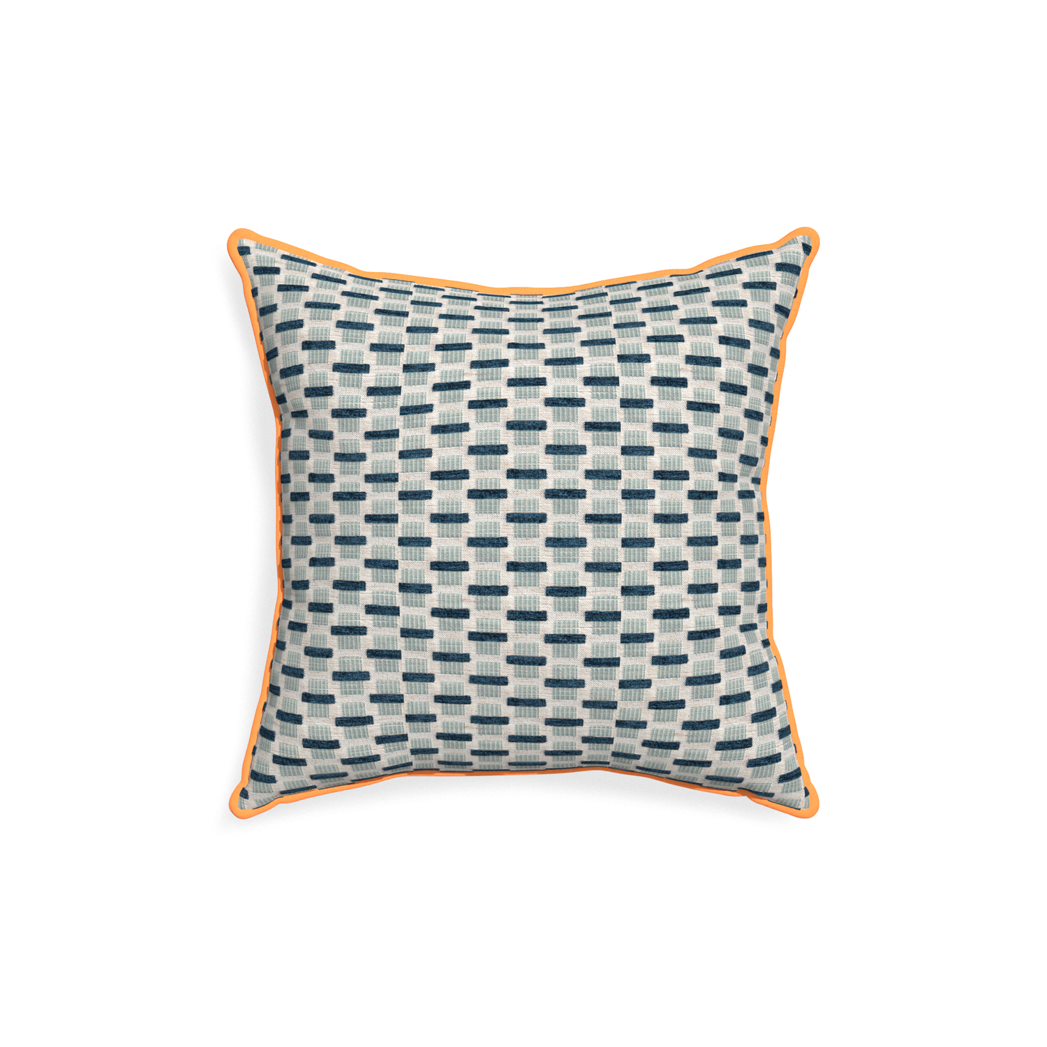 18-square willow amalfi custom blue geometric chenillepillow with clementine piping on white background