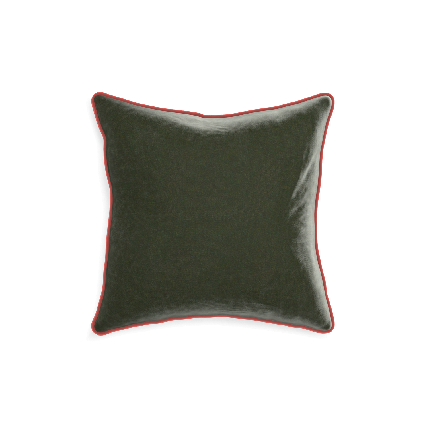 square fern green velvet pillow with coral piping