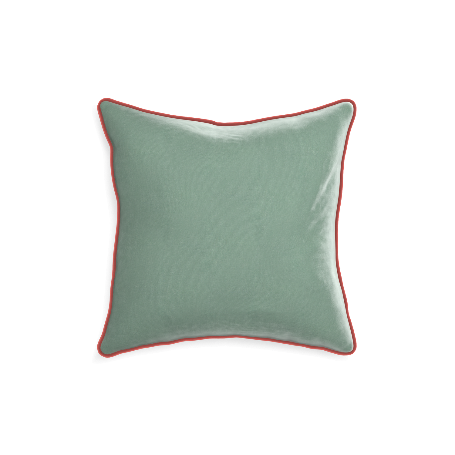 square blue green velvet pillow with coral piping