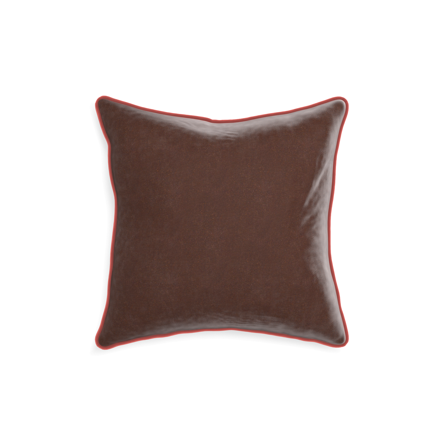 square brown velvet pillow with coral piping