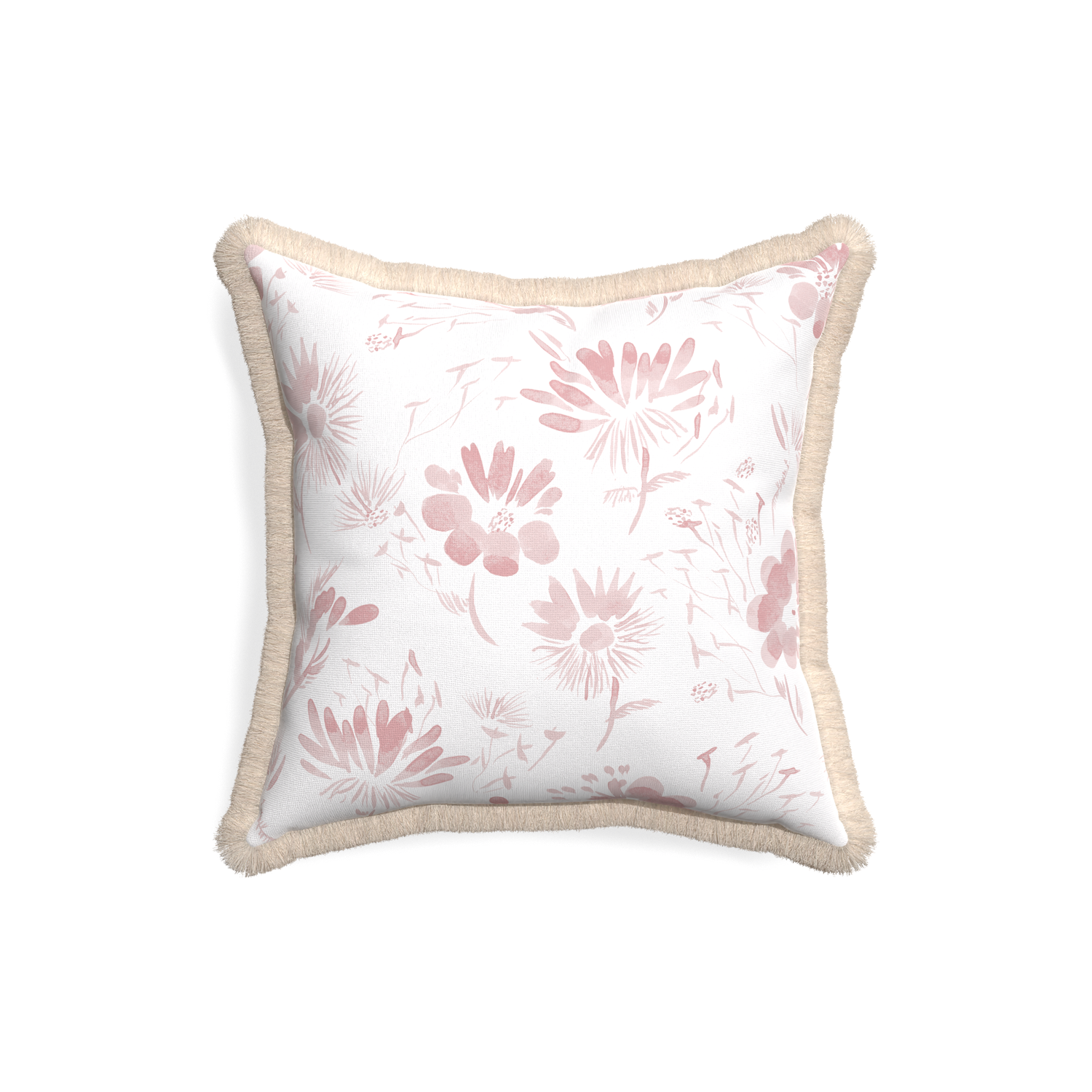 18-square blake custom pink floralpillow with cream fringe on white background