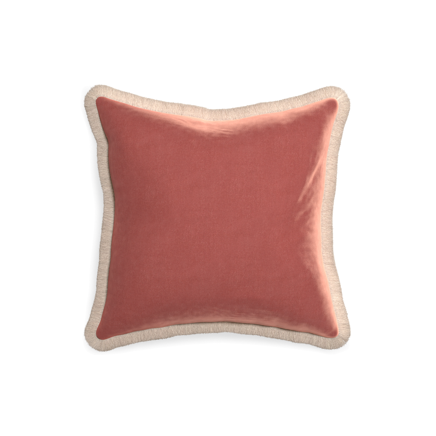 square coral velvet pillow with cream fringe